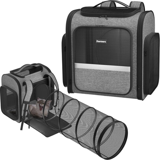 Pawtners Cat Carrier Backpacks Expandable Cat Backpack with Breathable Mesh, Pet Carrier Backpack for Cats Small Dogs Puppies Up to 18 Lbs, Dog Carrier Backpack for Travel Hiking Camping Outdoor