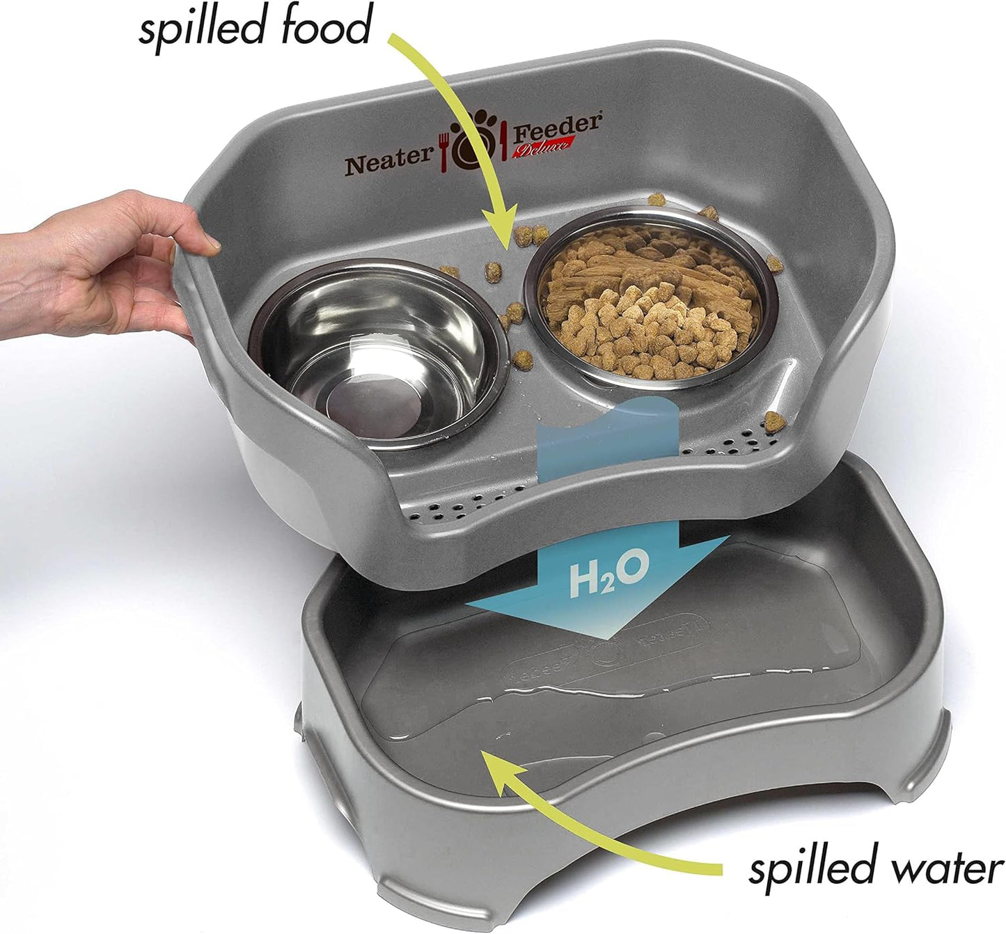 Neater Feeder Deluxe Mess Proof Dog Bowls Elevated for Large Breeds – Made in USA – No Spill Raised Slow Feeder Elevated Dog Bowl Stand w/Leg Extensions, Food and Water Bowl Set, Grey