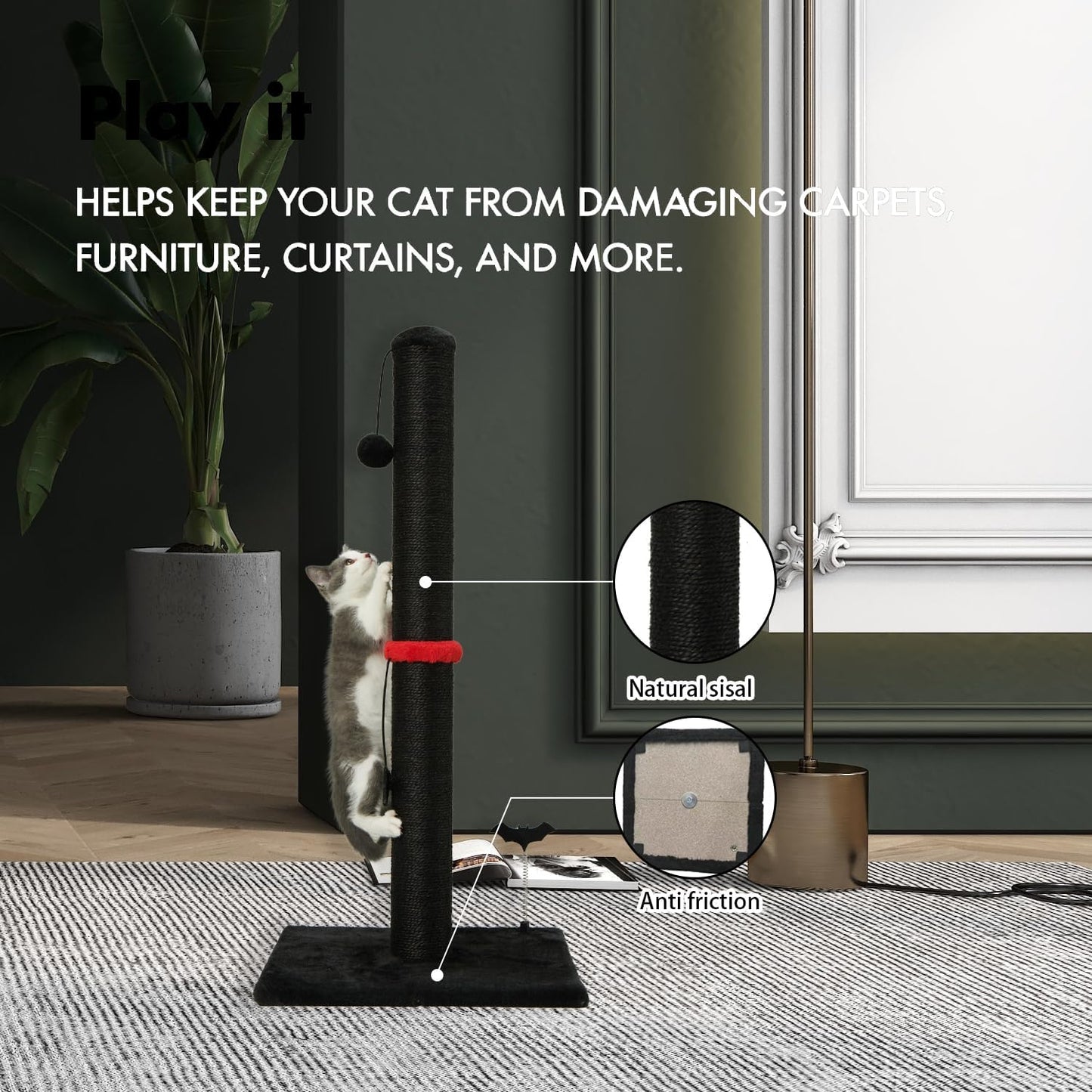 MECOOL Cat Scratching Post Premium Sisal Scratch Posts with Hanging Ball Vertical Scratcher for Indoor Cats and Kittens,Black