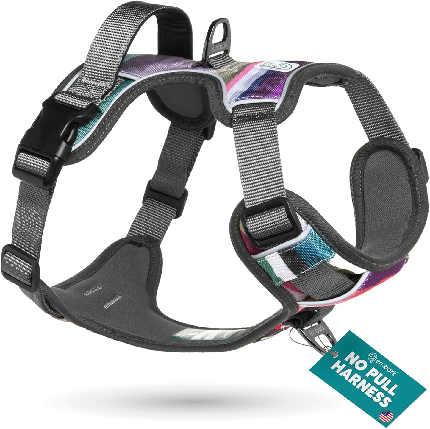 Embark Adventure Dog Harness, Reflective Trim No Pull Harness for Large Dogs - Military Grade Nylon, Front Clip with Gel Lined Handle. Soft & Padded Puppy Harnesses for Any Breed