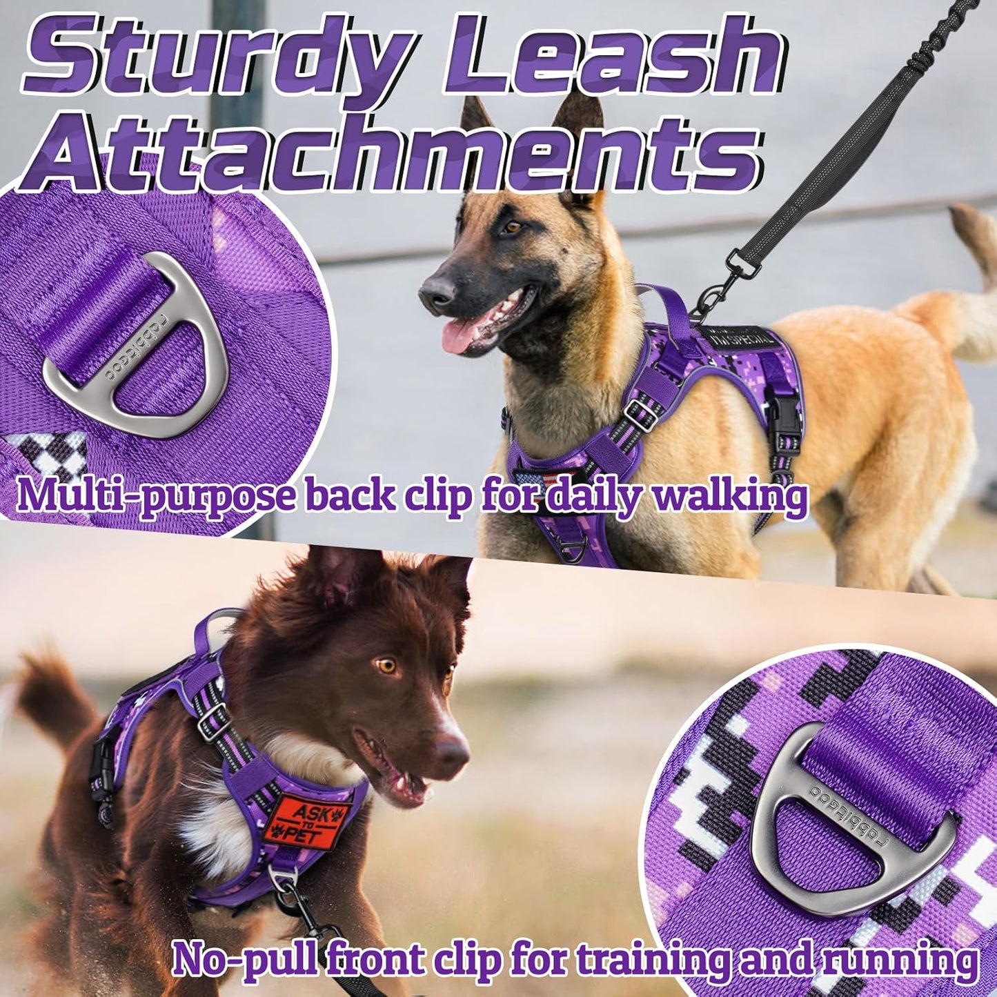 rabbitgoo Tactical Dog Harness Medium Sized Dog, No Pull Military Service Vest with Handle & Molle, Easy Control for Training Walking, Adjustable Reflective Straps, Purple Camo, M