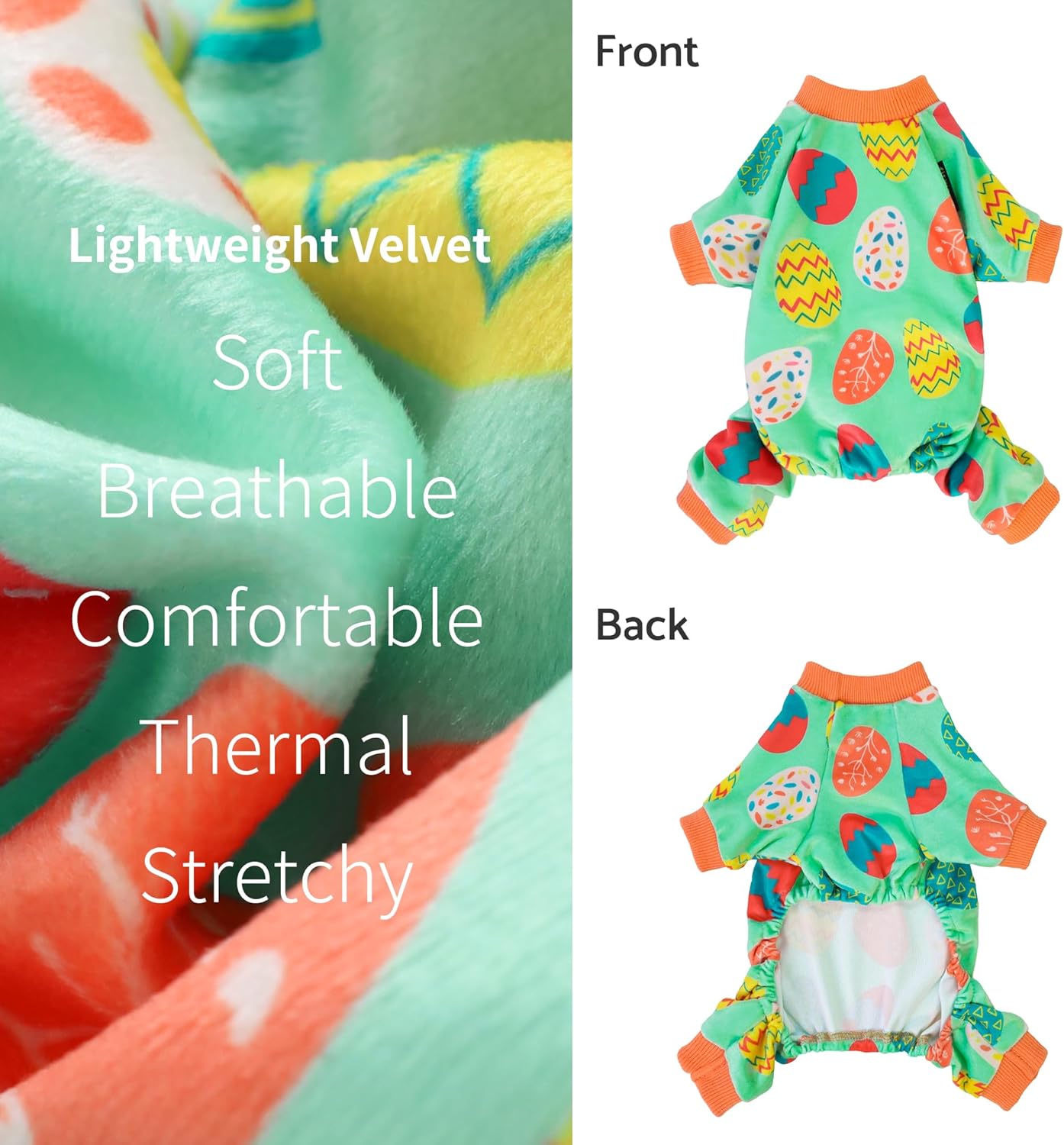 Fitwarm Easter Egg Dog Pajamas, Holiday Dog Clothes for Small Dogs Girl Boy, Pet Easter Outfit, Puppy Cat Onesie, Lightweight Velvet, Light Green, Orange, XL