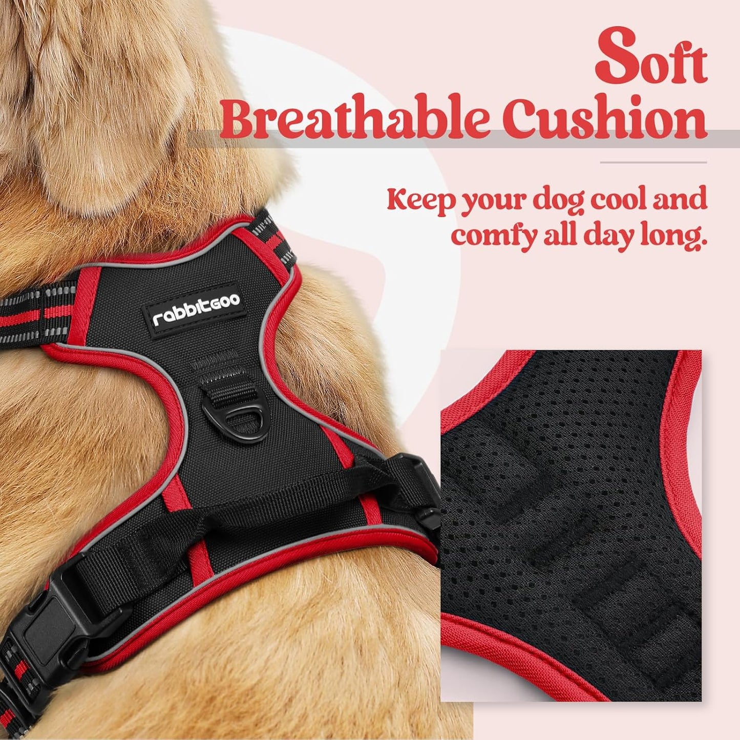 rabbitgoo Dog Harness No Pull with 2 Leash Clips, Adjustable Soft Padded, Reflective Oxford No Choke Pet Vest with Easy Control Handle for Medium Sized Dogs, Black & Red, M