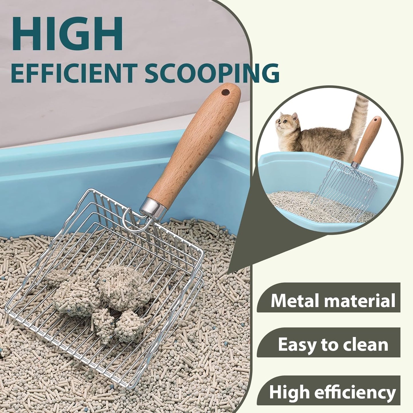 Cat Litter Scoop, Kitty Metal Scooper with Hook and Hole, Stainless Steel Kitten Poop Lifter for Litter Box, Non Stick, Durable and Heavy Duty Sifter for Easy Clean