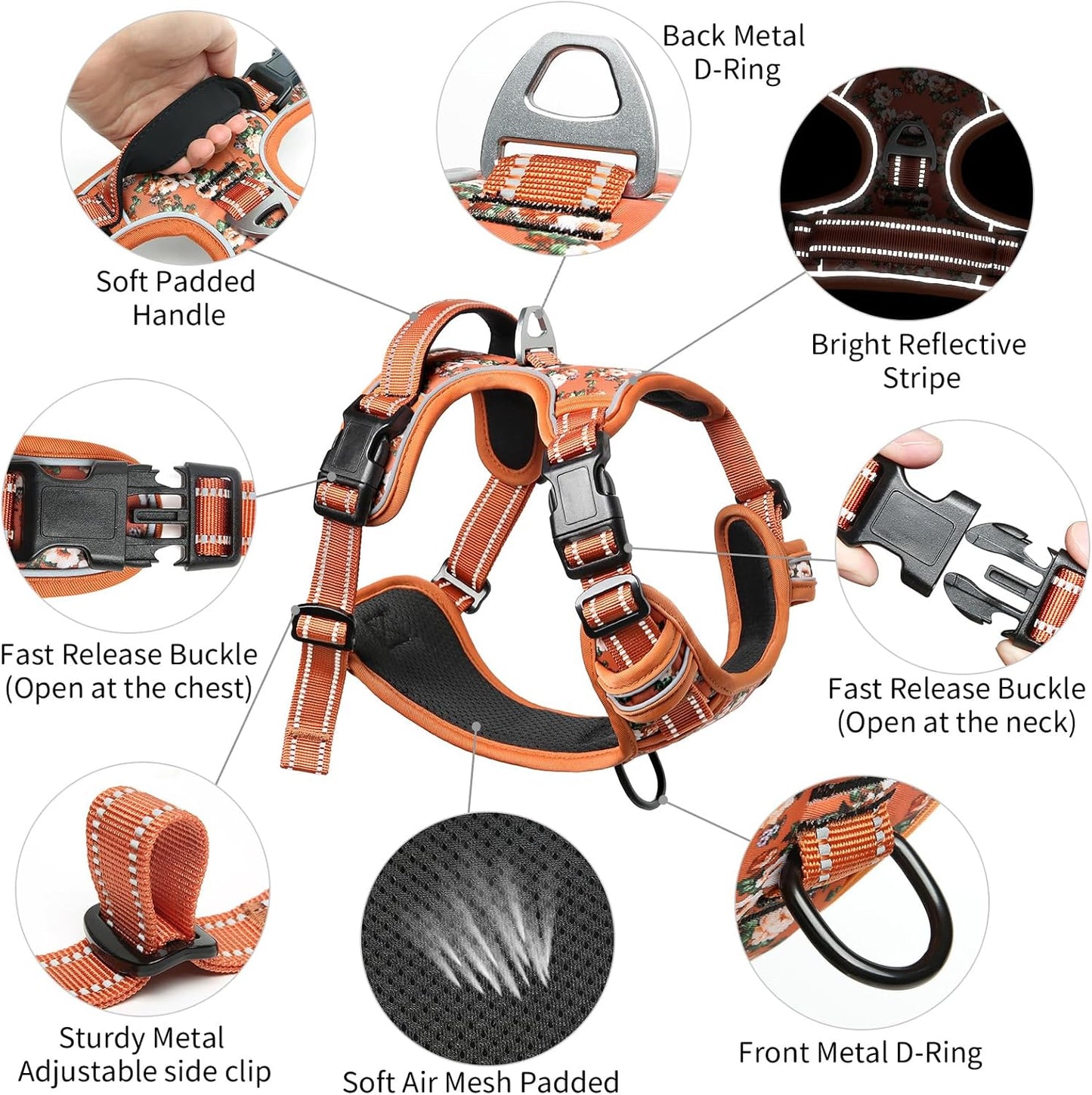 Timos Dog Harness for Large Dogs, No Pull Service Vest with Reflective Strips and Control Handle,No Choke Dog Harness with 2 Metal Rings for Easy Walking,Outdoor Training,Flower Orange, L