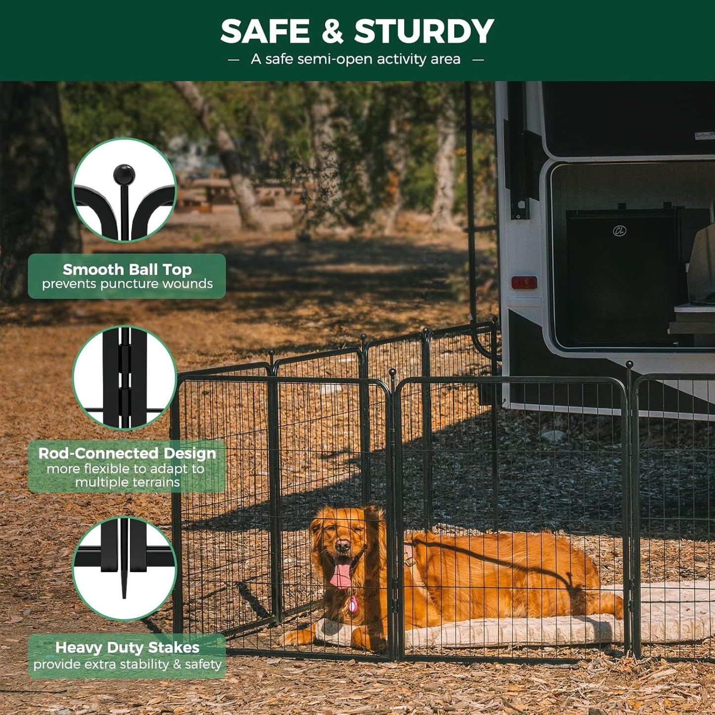 FXW Rollick Unleashed Dog Playpen for Indoor, Yard, RV Camping, 50 inch 32 Panels for Large Dogs, Black│Patented