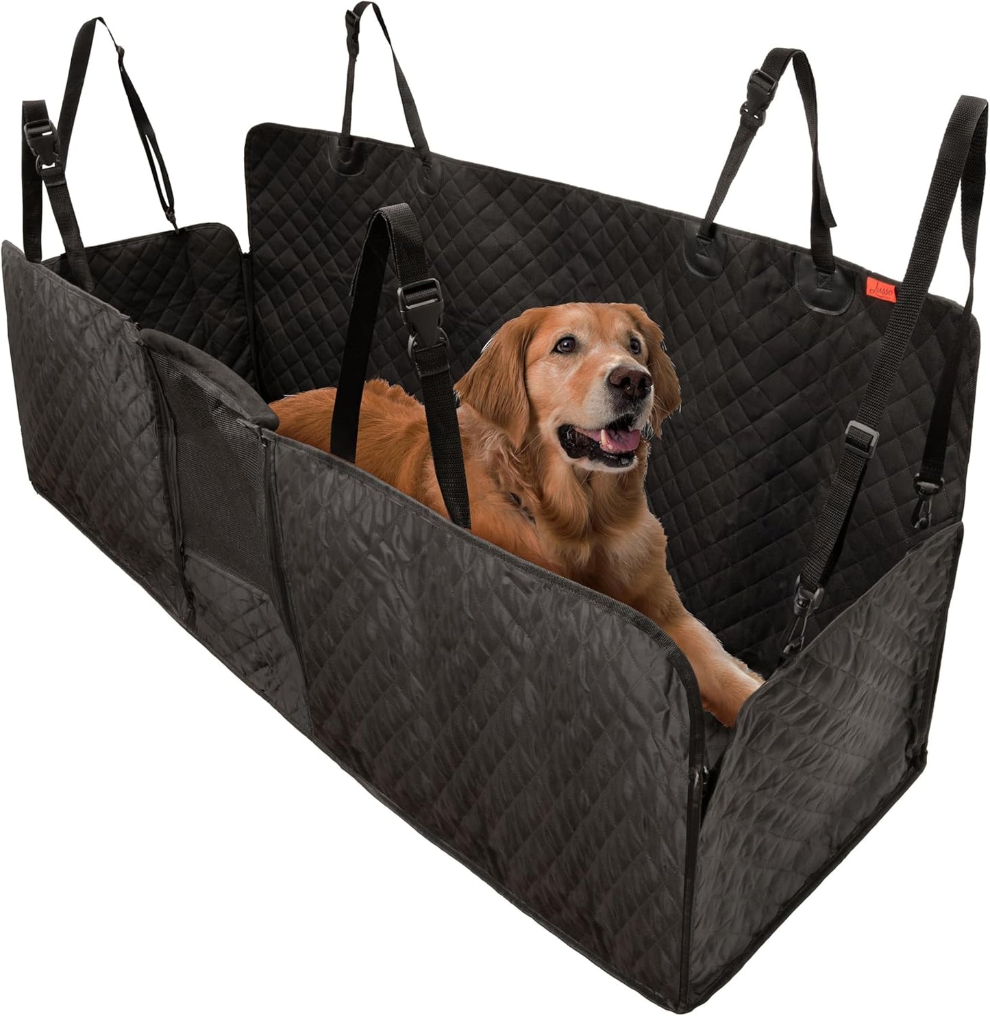 Lusso Gear Dog Car Seat Cover for Back Seat - 100% Waterproof Dog Hammock - Padded Headrest and Mesh Window - Passenger Compatible Rear Car Seat Cover - Fits Trucks, SUVs, Cars