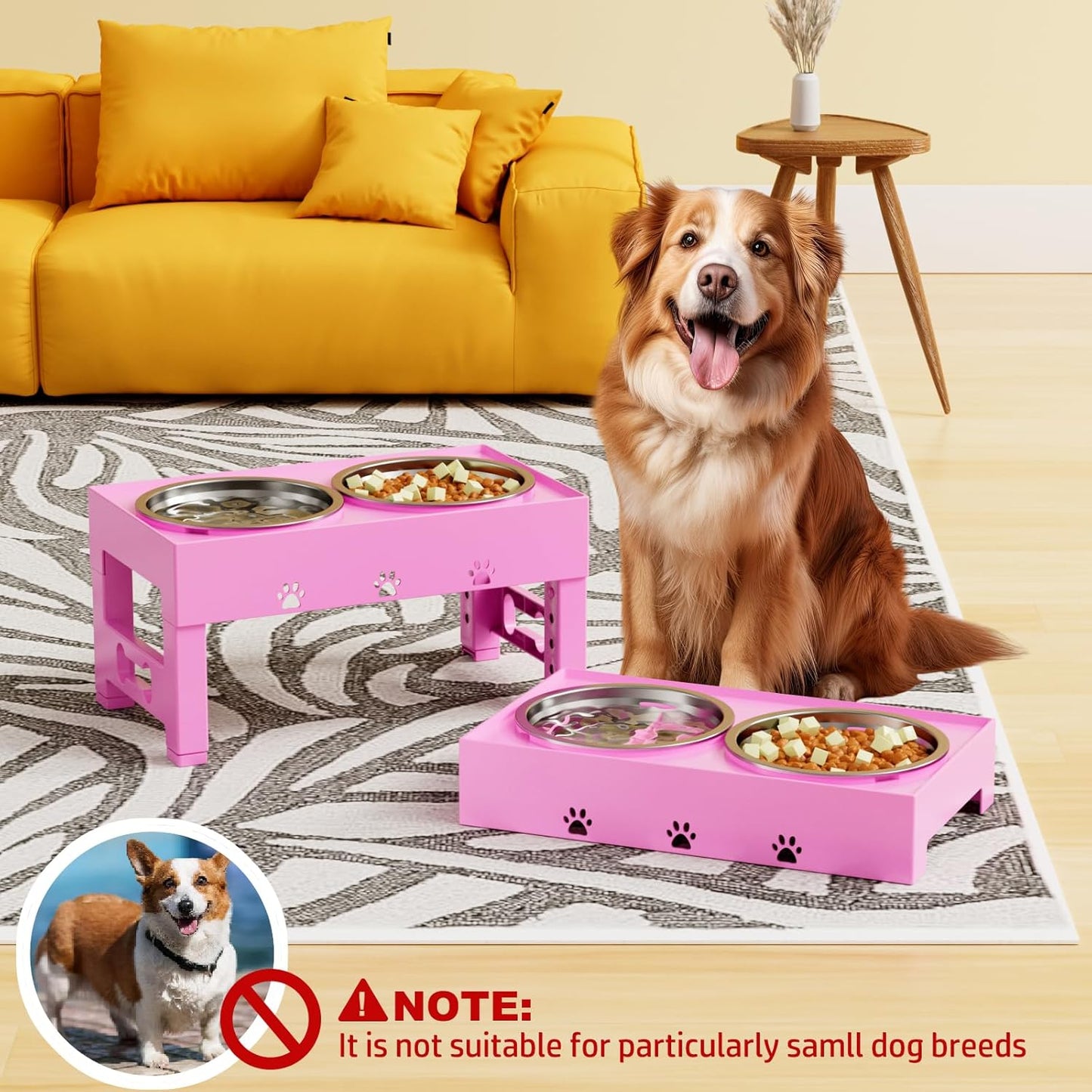 Elevated Dog Bowls with 2 Stainless Steel Bowls, Raised Dog Food Bowl Stand 5 Height Adjustable (3.1", 9", 10", 11", 12") Non-Slip Feeder Set for Medium and Large Dogs - Pink