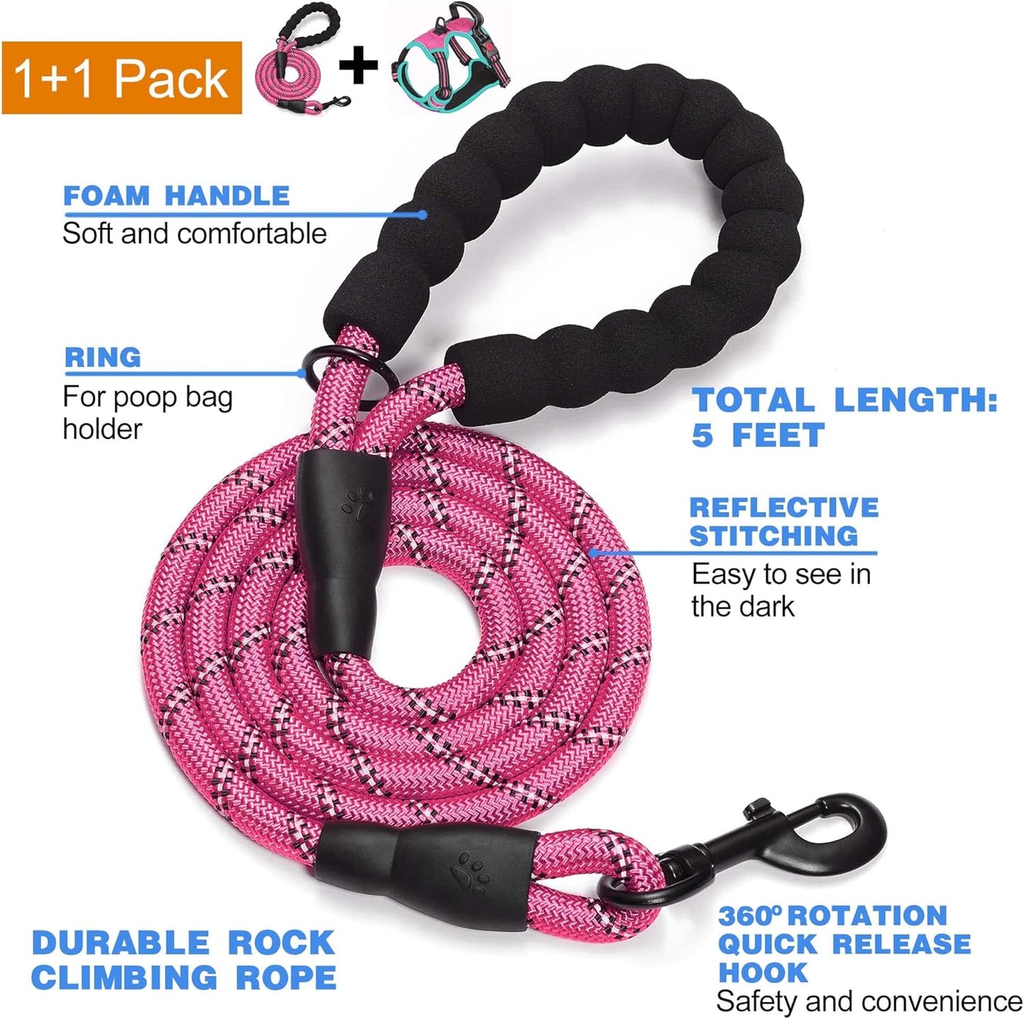 No Pull Dog Harness Adjustable Reflective Oxford Easy Control Medium Large Harness with A Free Heavy Duty 5ft Leash