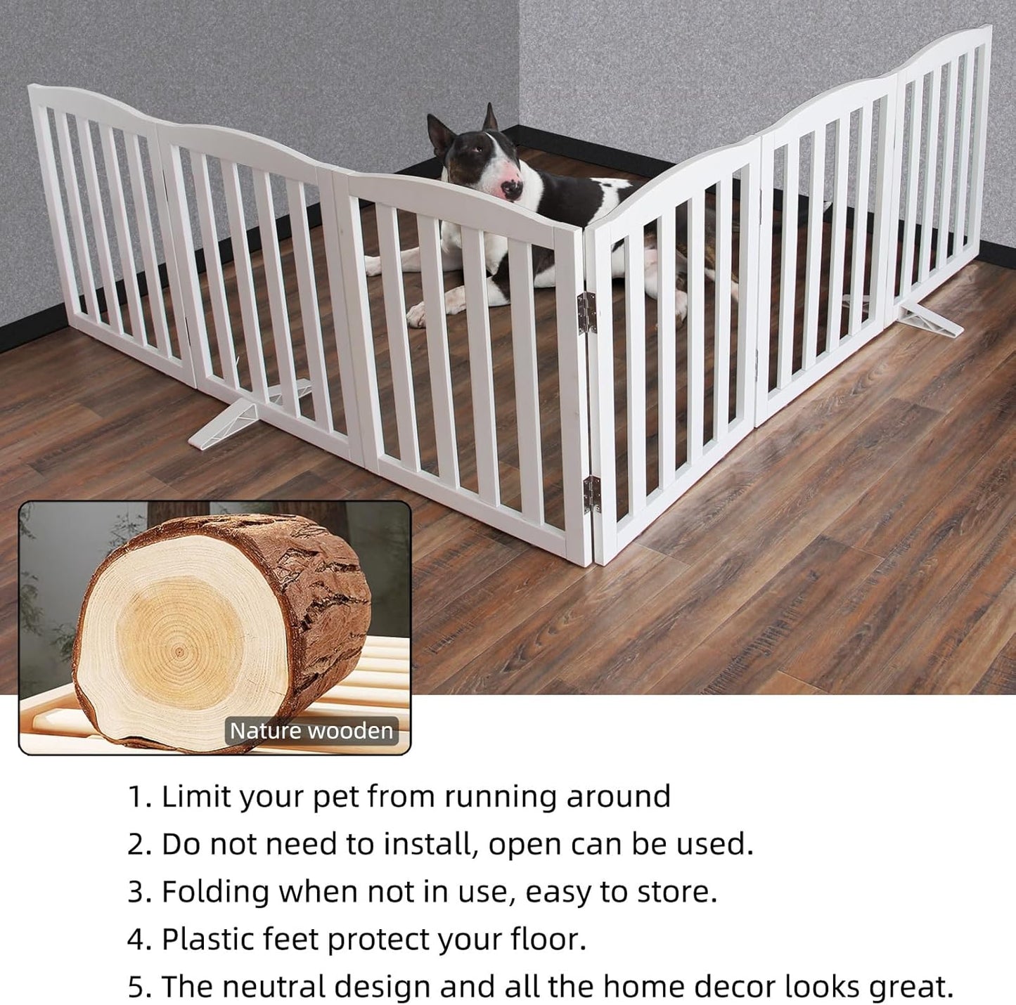ZJSF Foldable Freestanding Indoor Dog Gate for House Wood White Long Pet Gates Dog Fence for Stairs Puppy Gates for Hallways,Pet Fence, Puppy Gate,Support Feet Included 32 "Height-6 Panels