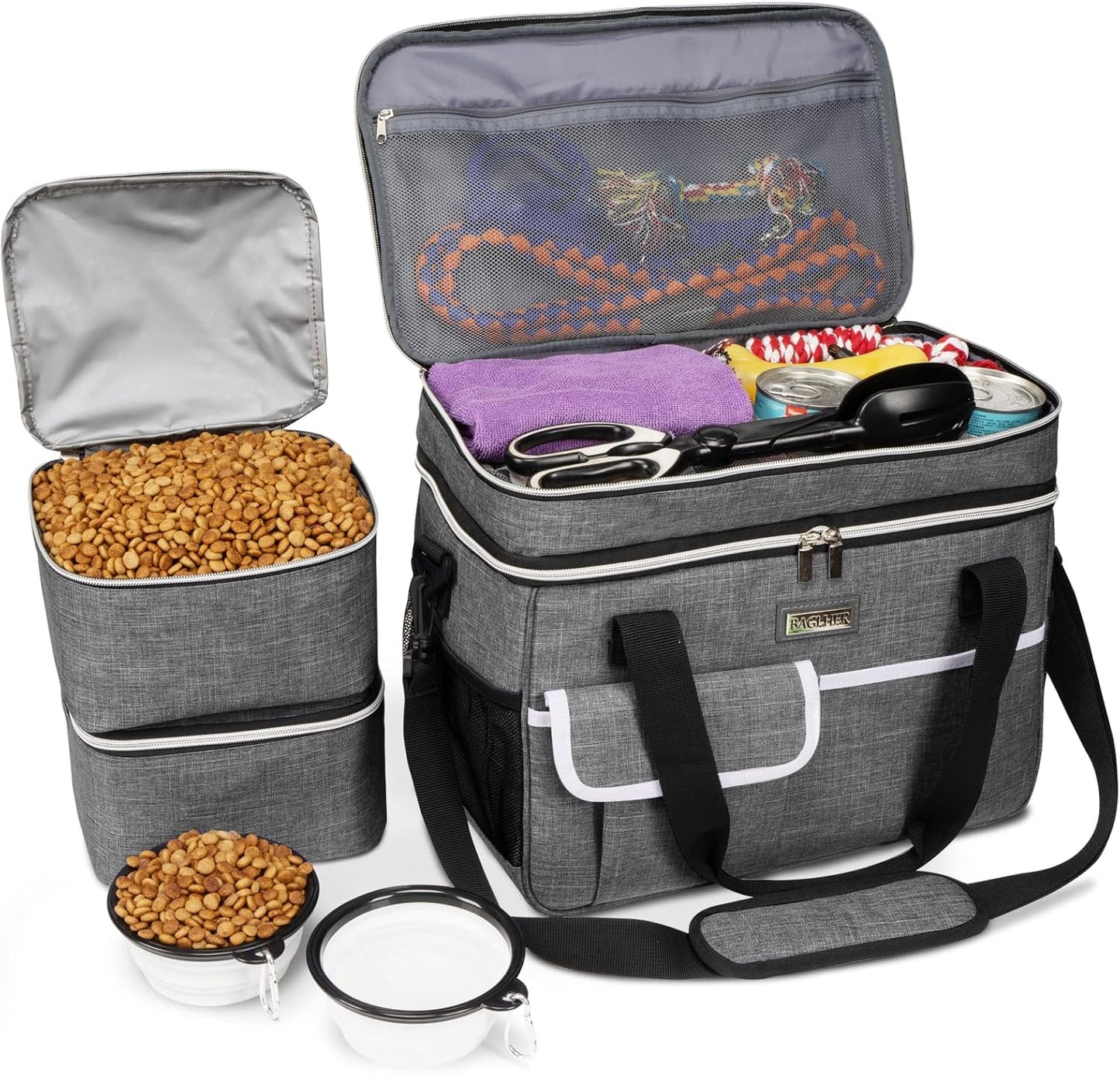 BAGLHER Dog Travel Bag for Supplies - Double-Layer Airline Approved Weekend Pet Travel Organizer Set for Dog and Cat Tote with 2 Pet Food Containers and 2 Collapsible Silicone Bowls Grey
