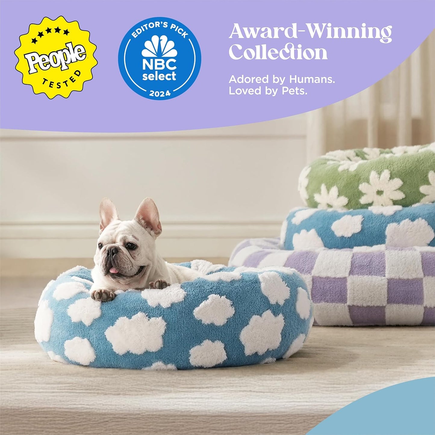 LE SURE Donut Cat Beds for Indoor Cats - Small Round Dog Bed for Calming Pets with Washable Cover, Cute Modern Puppy Beds with Jacquard Shaggy Plush & Anti Slip Bottom, 20 Inch, Blue
