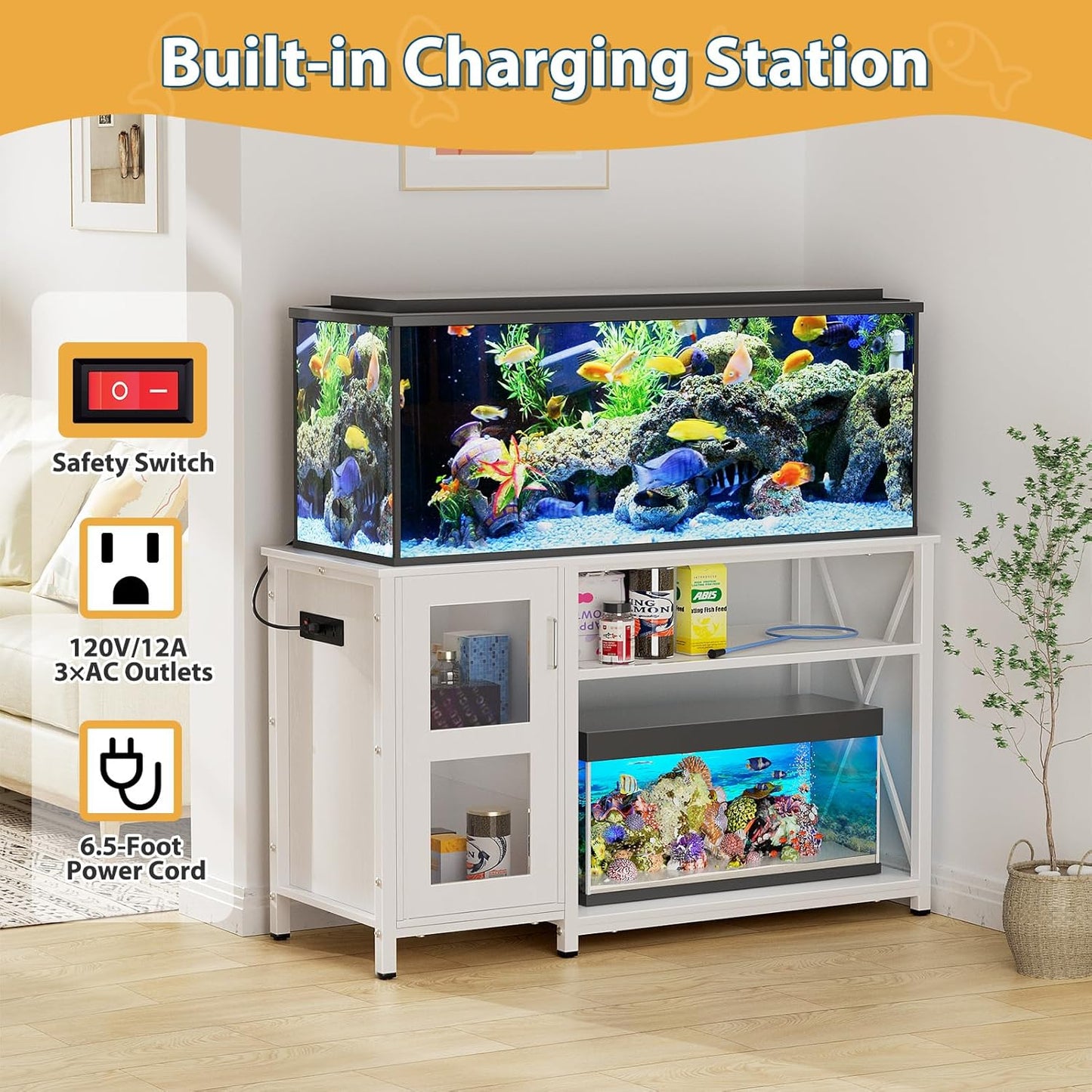 55-75 Gallon Fish Tank Stand with Cabinet, Aquarium Stand for Fish Tank Accessories Storage, Heavy Duty Metal Terrarium Stand, 52" L*19" W Tabletop, 1200LBS Capacity, White