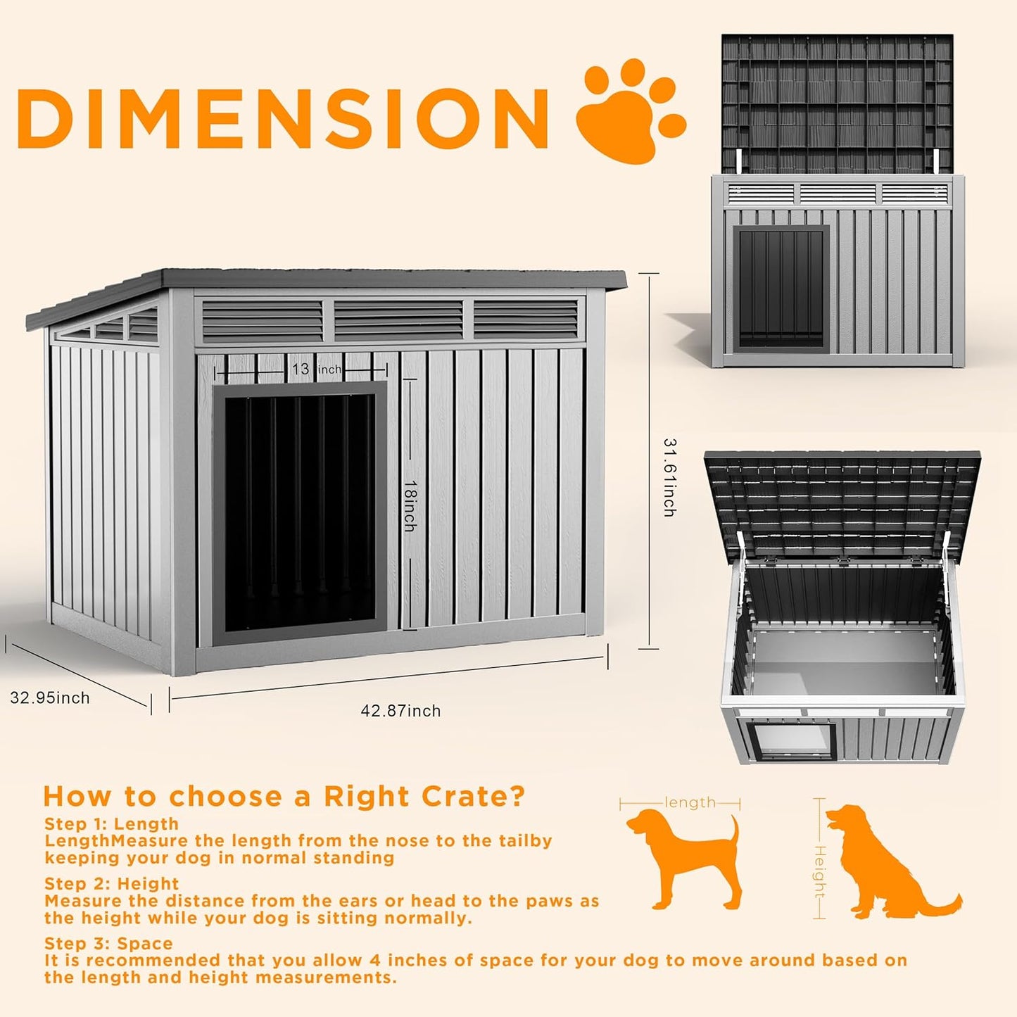 VIXZEN Dog House Indoor Outdoor,Waterproof Dog House for Small to Large Dogs,Doghouse with Air Vents and Elevated Floor,Openable at The Top,Easy to Assemble and Clean,Gray,42.87"×32.95"×31.61"