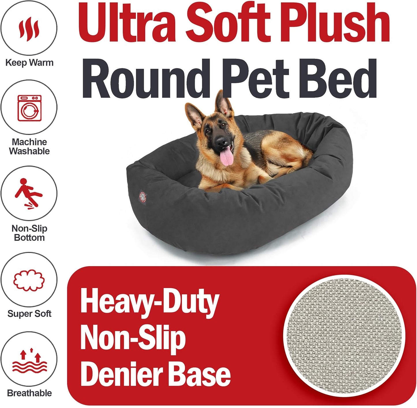 Majestic Pet 52 Inch Suede Calming Dog Bed Washable 52x35x11 (Inch) – Cozy Soft Round Donut Dog Bed with Spine Support for Dogs to Rest Their Head - Pet Bed X- Large – Gray (2025)