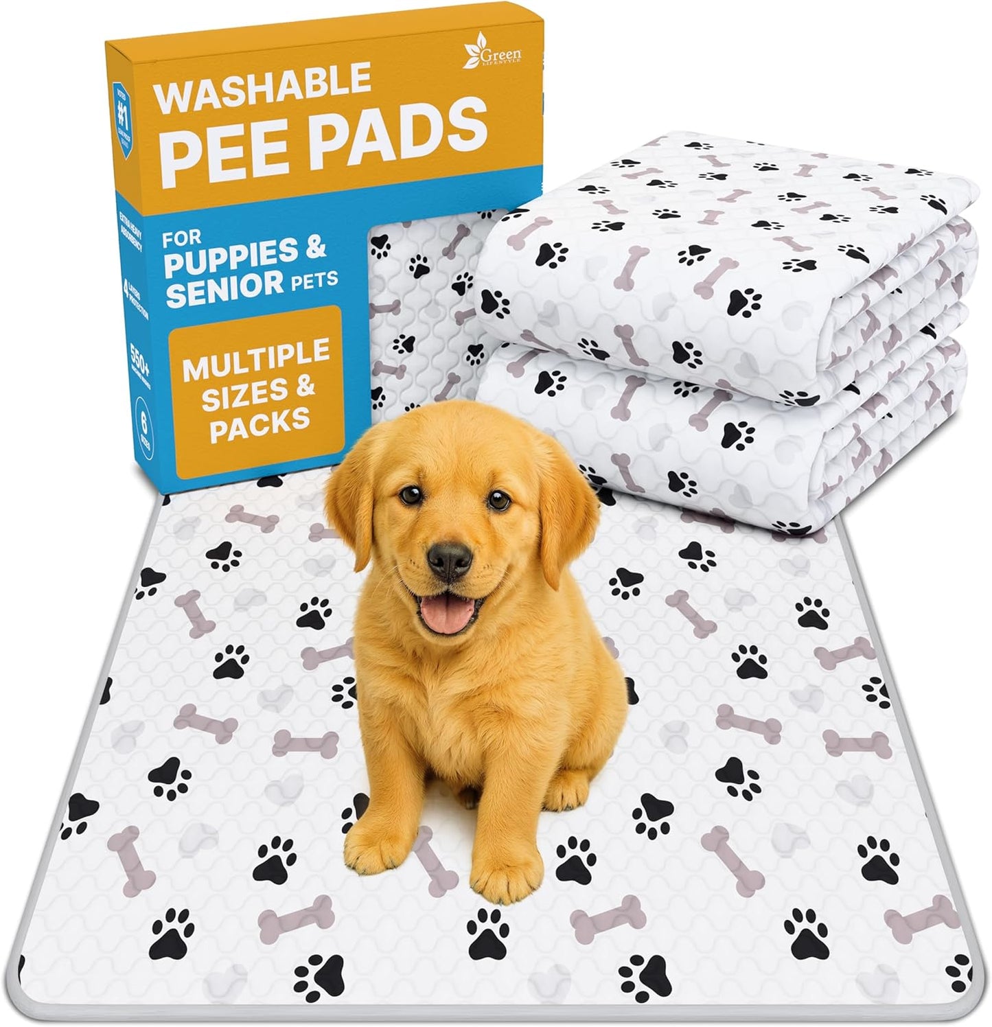 GREEN LIFESTYLE Washable Pee Pads for Dogs - Waterproof Reusable Puppy Pads with Anti-Slip Backing, Pet Training Pad for Puppy Playpen, Crate, Whelping Box, Potty Training (4, 34x36)