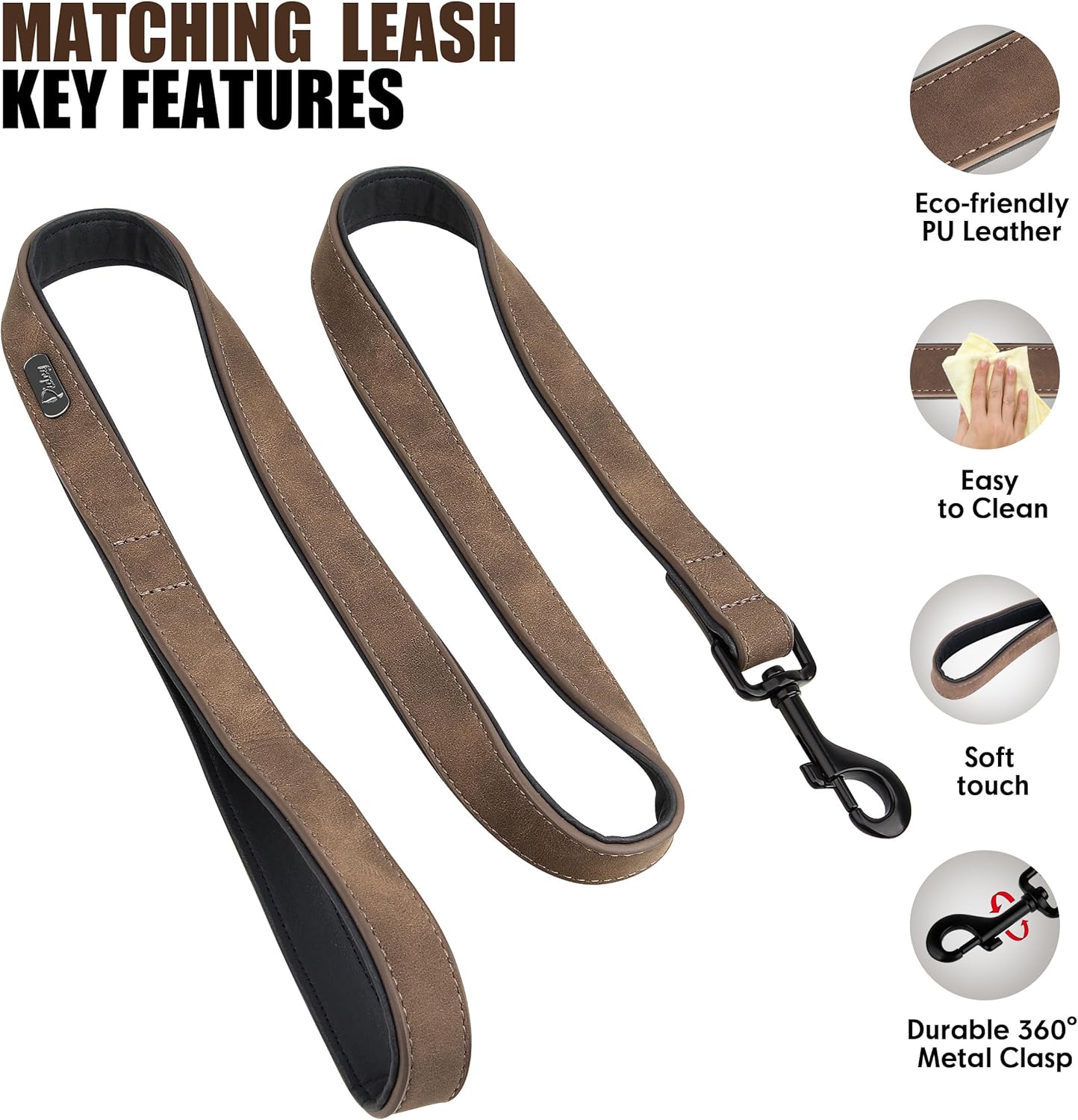 Didog Soft Padded Leather Dog Collar and Leash Set, Adjustable Dog Leash and Collar Set with Metal Buckle, Breathable Dog Collars with 4FT Leather Dog Leash for Small Medium Large Dogs, Brown, M