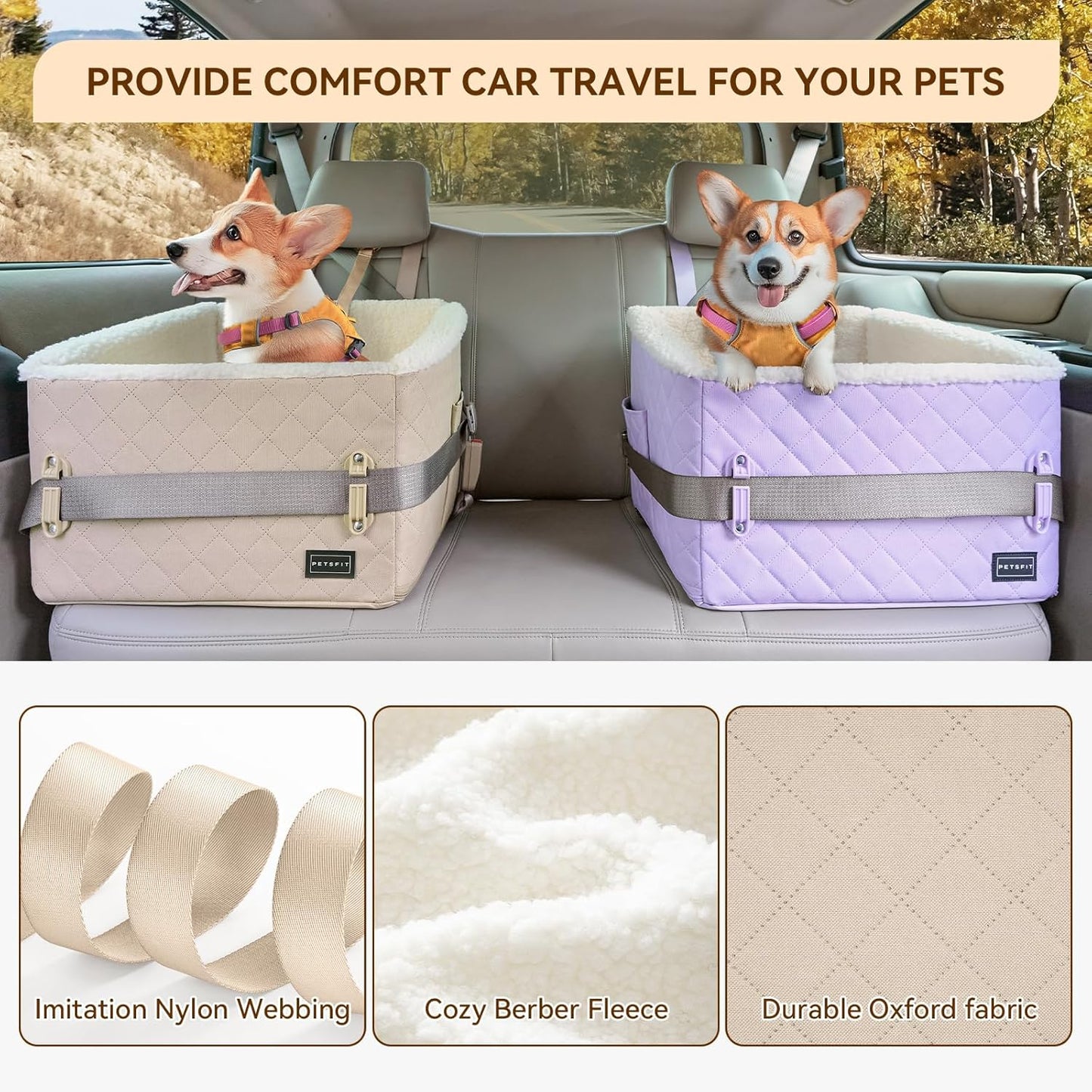 PETSFIT Small Dog Booster Car Seat, Soft Foam Puppy Carseat with Patented Safety Buckles, Storage Pockets and Detachable Clip-On Safety Leash, Dog Car Booster Seat for Medium Pet Under 30 LBS (Khaki)