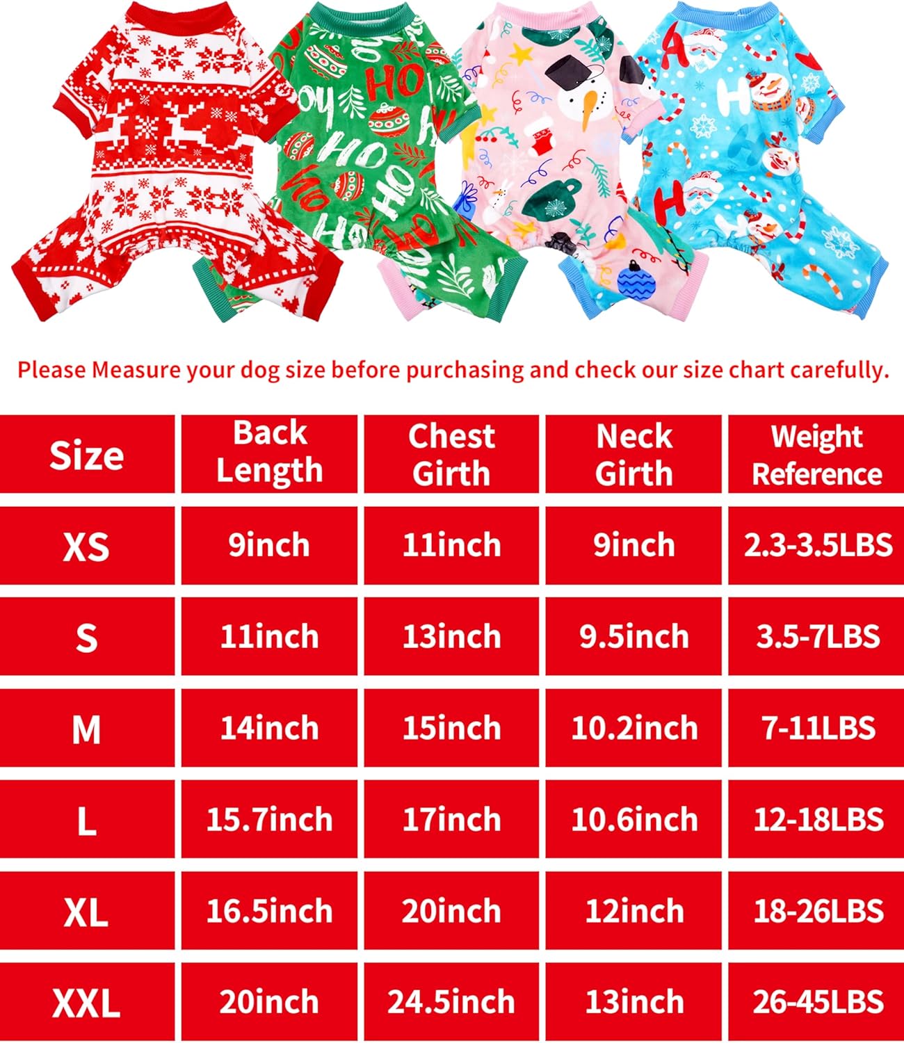 PET SHOW 4 Pack Small Dog Christmas Pajamas Holiday Dog Clothes Doggies Soft Stretchy PJs Xmas Jumpsuit Puppy Cats Girl Boy Onesies Red Green Outfits with Sleeve Pets Dachshund Costume XS