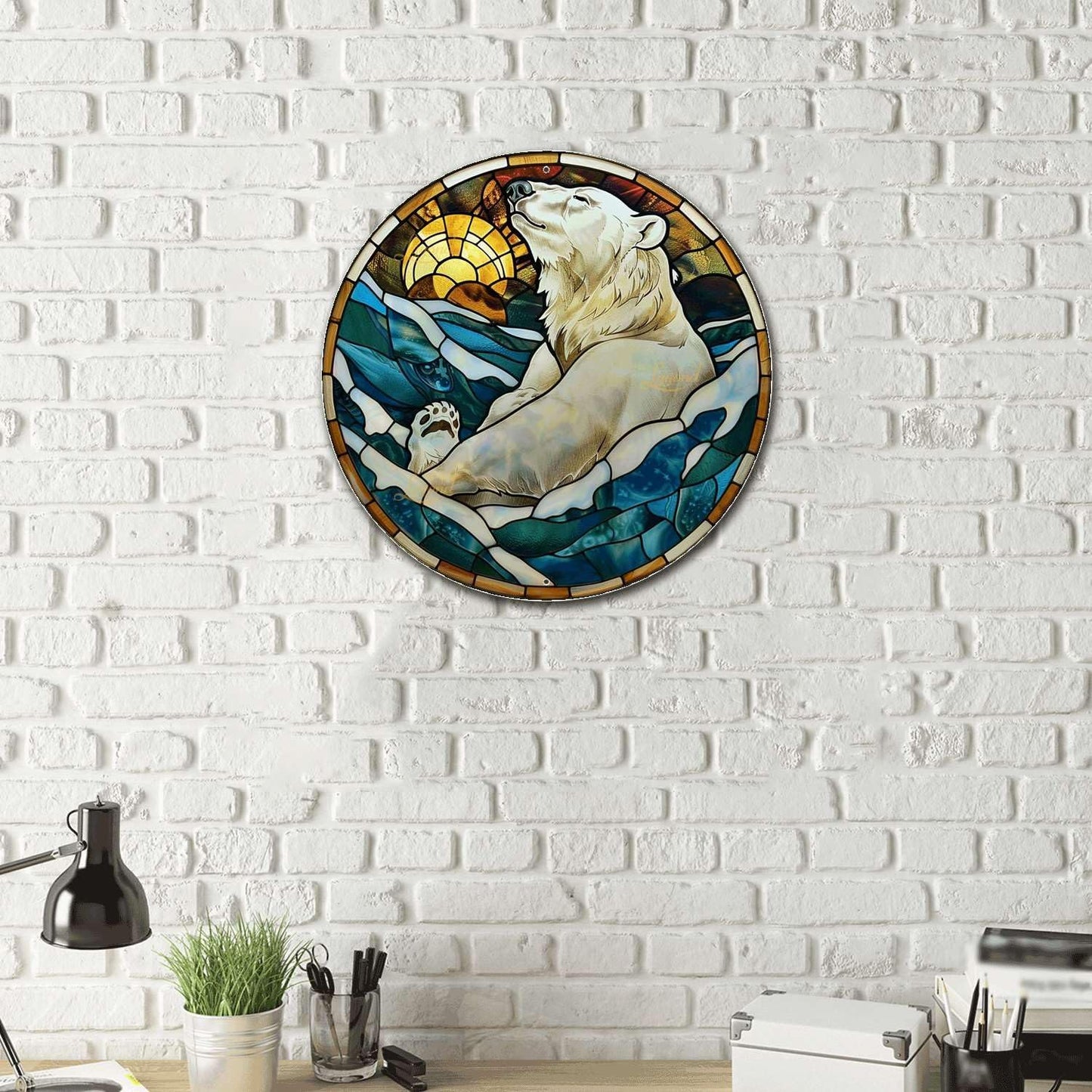 Lygond Metal Sign Tin Sign Circular Stained Glass Polar Bear Boho Decorations For Home For Gift 8×8 Inches