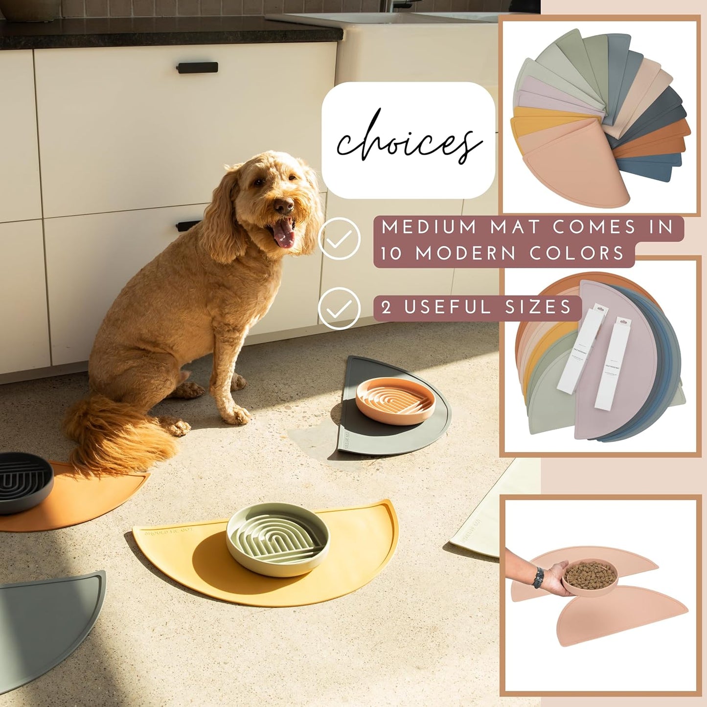Waterproof Silicone Pet Food Mat - Non-Slip, Spill-Proof Feeding Mats for Floors, Raised Edge Design, Easy-to-Clean Rubber Mat for Dog & Cat Bowls, 21" Across x 10.5" Deep, Medium-Honey