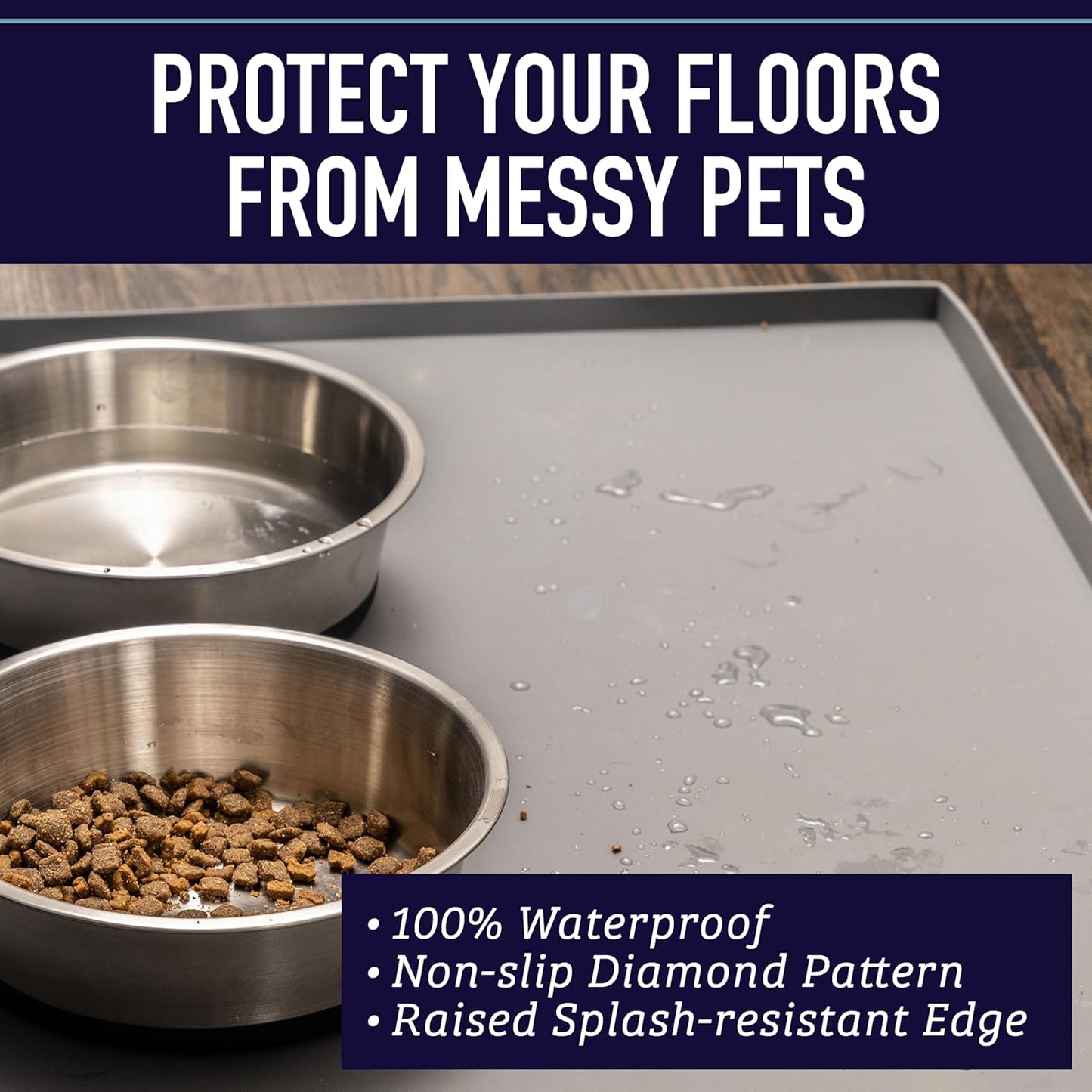 Leash Boss Dog Food Mat – Waterproof Silicone Pet Feeding Mat with Raised Edges for Dogs & Cats, Non-Slip Placemat for Food & Water Bowls,Spill-Proof Floor Protection,Easy to Clean(Grey,S-18" X 11")