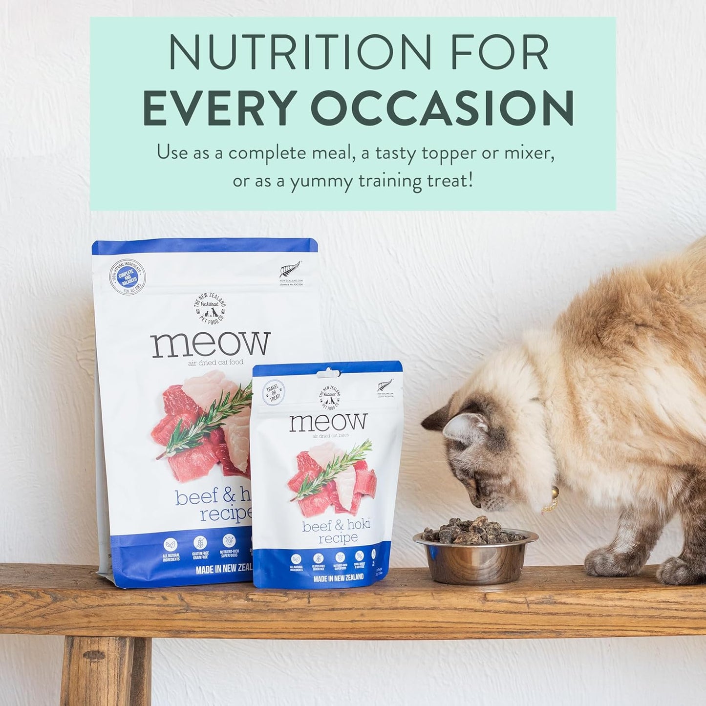 Meow Air Dried Cat Food - Beef & Hoki Recipe,High Protein Dry Cat Food, Training Treats, Meals & Toppers,3.5oz