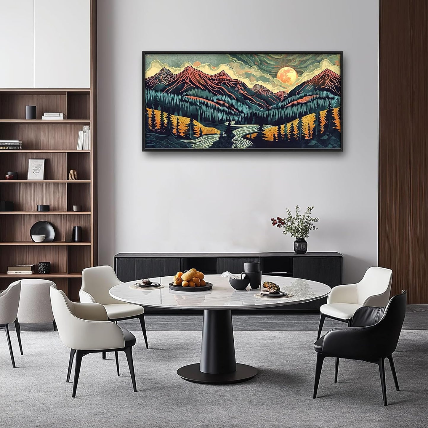 Quorin Boho Mountain Large Wall Art Abstract Pictures Lake Pine Tree Forest Foggy Sunset Wall Decor Nature Landscape Canvas Print Painting Artwork for Bathroom Living Room Bedroom 60L x 30W