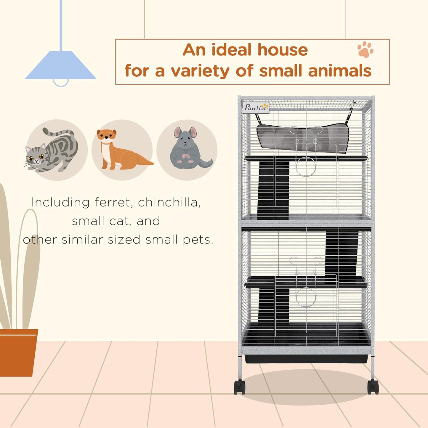 PawHut Metal Small Animal Cage, 4-Tiers Rolling Big Ferret Cage with Hammock, Removable Tray, for Chinchilla, Sugar Glider, White