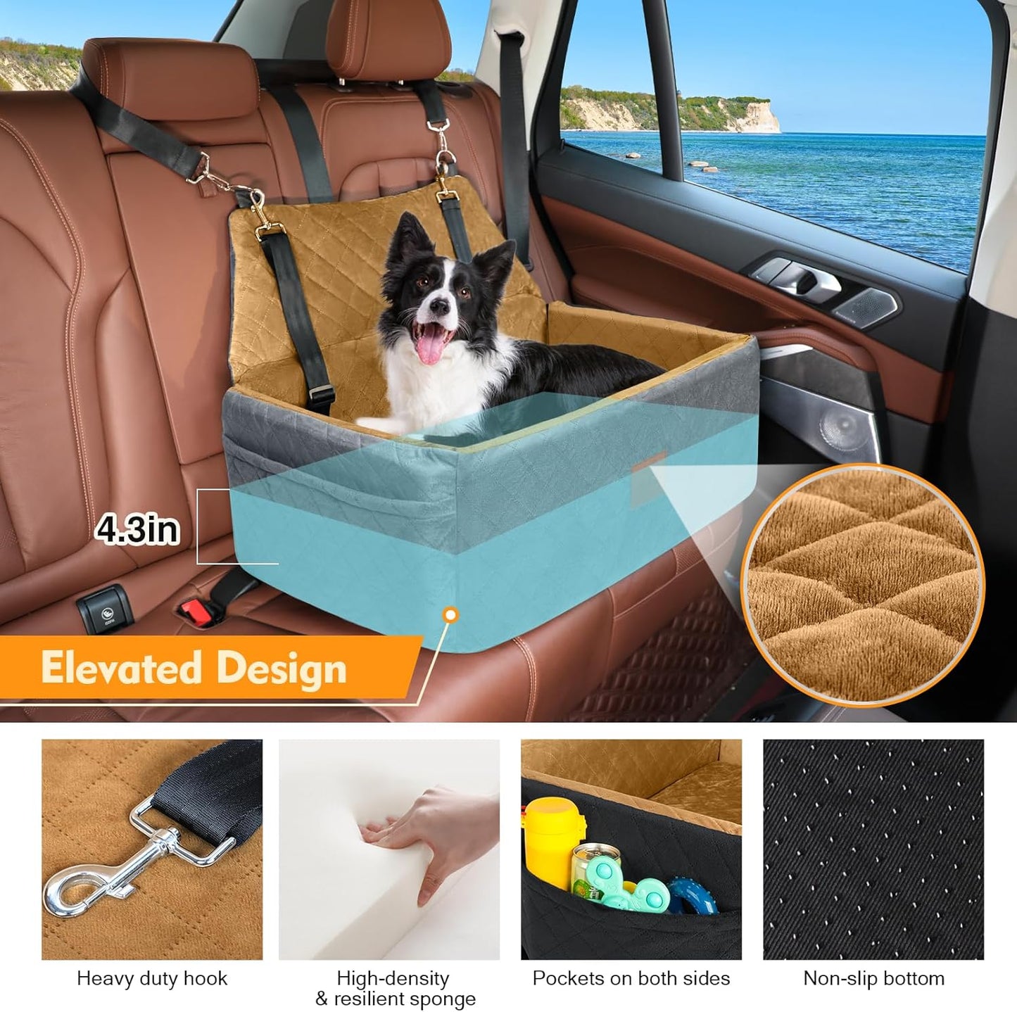 Dog Car Seat for Large Medium Dogs,Washable Pet Carseat Under 55 lbs or 2 Small Dogs,Dog Booster Seat with Thick Cushion,2 Safety Leashes