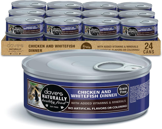 Dave's Pet Food Grain Free Wet Cat Food (Chicken & Whitefish), Made in Canada Naturally Healthy Canned Cat Food, 5.5 oz Cans (24 Pack)