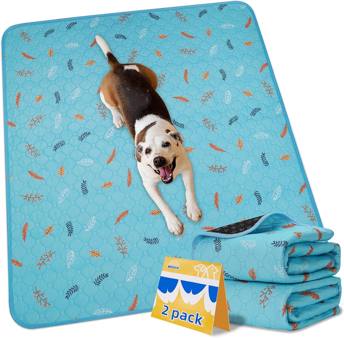 Sunheir Washable Pee Pads for Dogs 2-Pack Reusable Puppy Pads Pet Training Pads, Waterproof Dog Pee Pads for Crate, Whelping Pad, Non-Slip Protects Against Urine Leakage (Leaves - Sky Blue, 24x36)