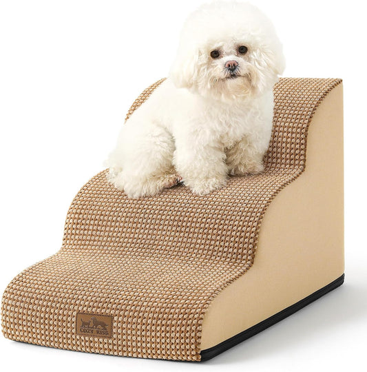 Dog Stairs for Small Dogs 15.7" H, Curved Dog Step for Puppy, Older Cat, Medium Pet Ramp for Sofa, Couch or Chair, Ladder with High Density Foam, 15.7x22.4x15.7 inch, 3 Step, Light Brown
