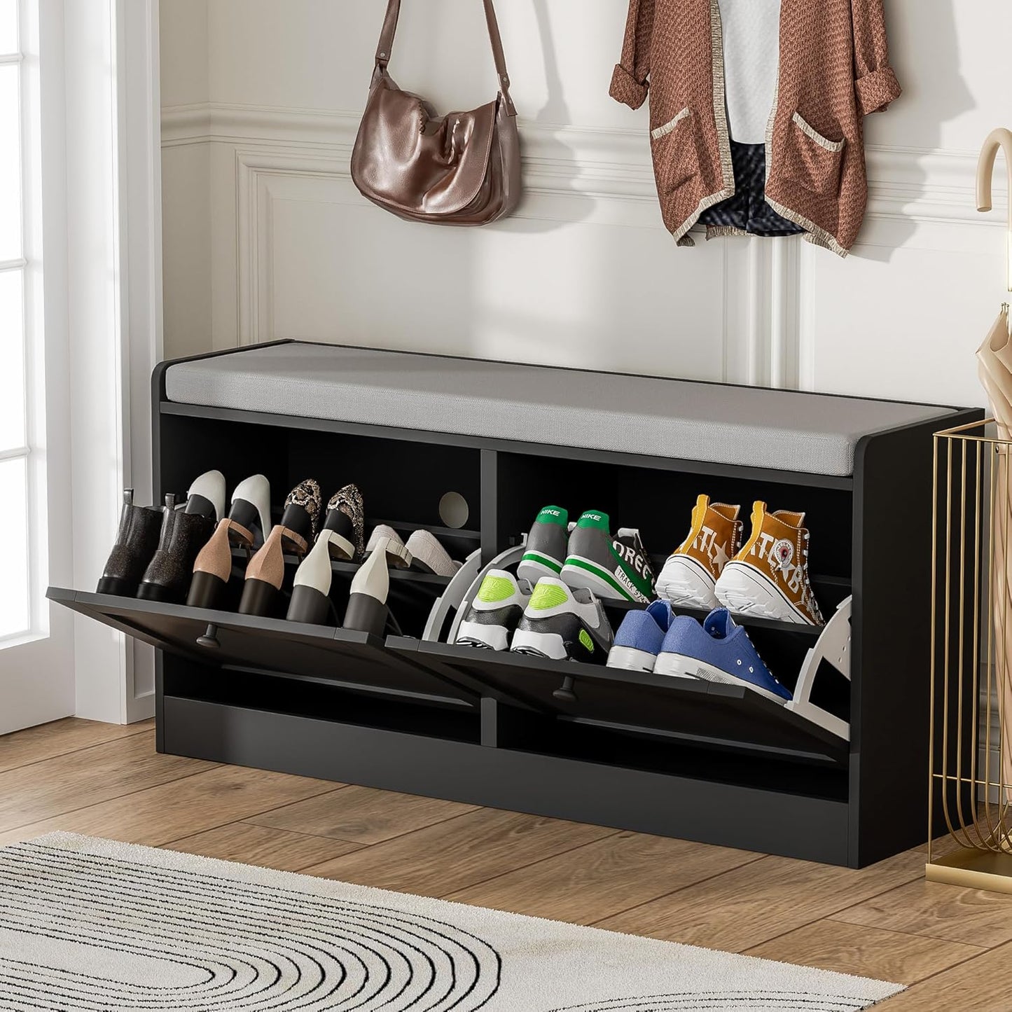 MHOM Black Modern Entryway Bench with 2 Flip Drawers, Shoe Bench with Padded Seat Cushion, Wooden Storage Bench for Bedroom and Apartment