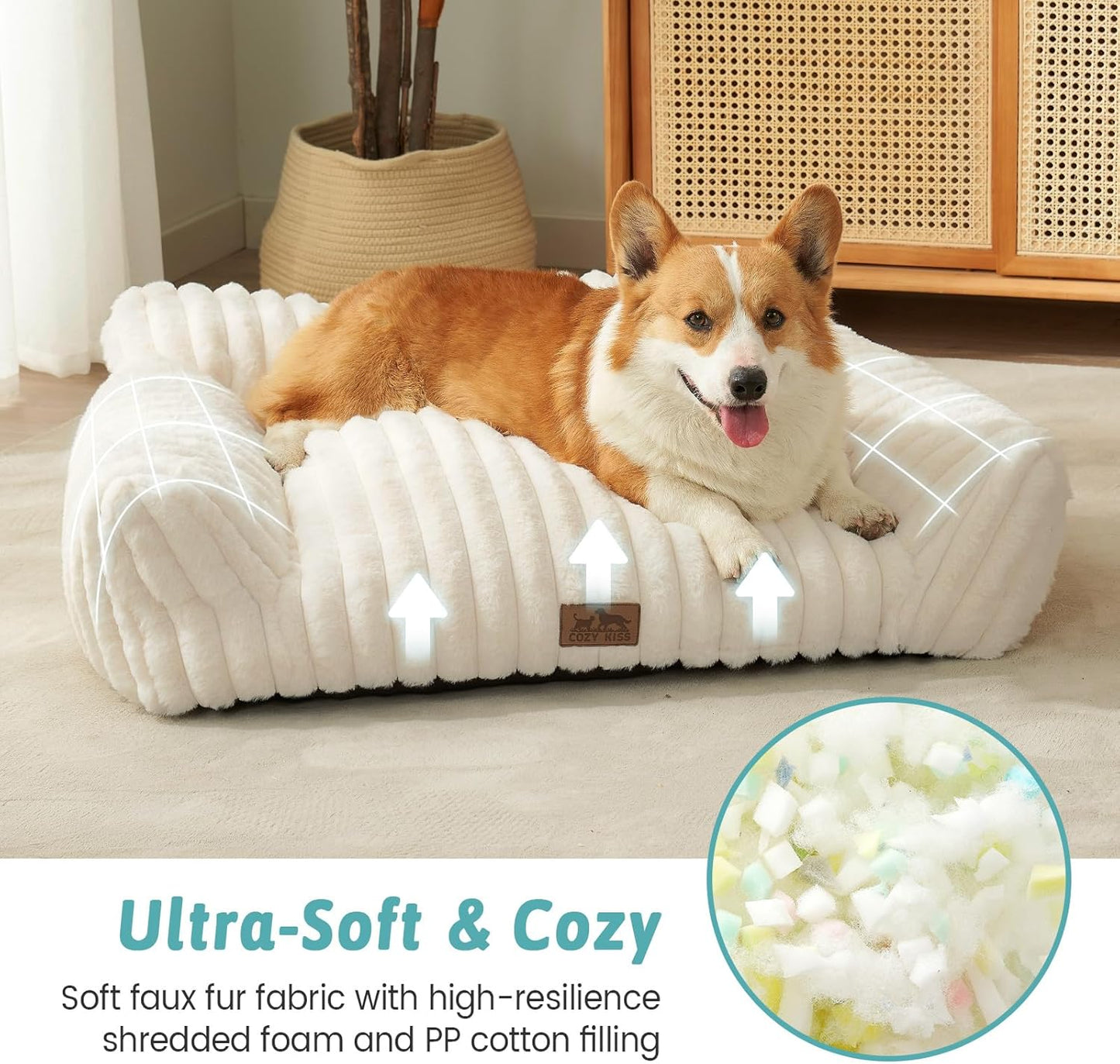 Cute Cat Couch, Premium Plush Faux Fur Pet Couch Bed, Ultra-Soft Pet Furniture for Cats & Small Dogs (Cream, M: 31.5''x23.5'')