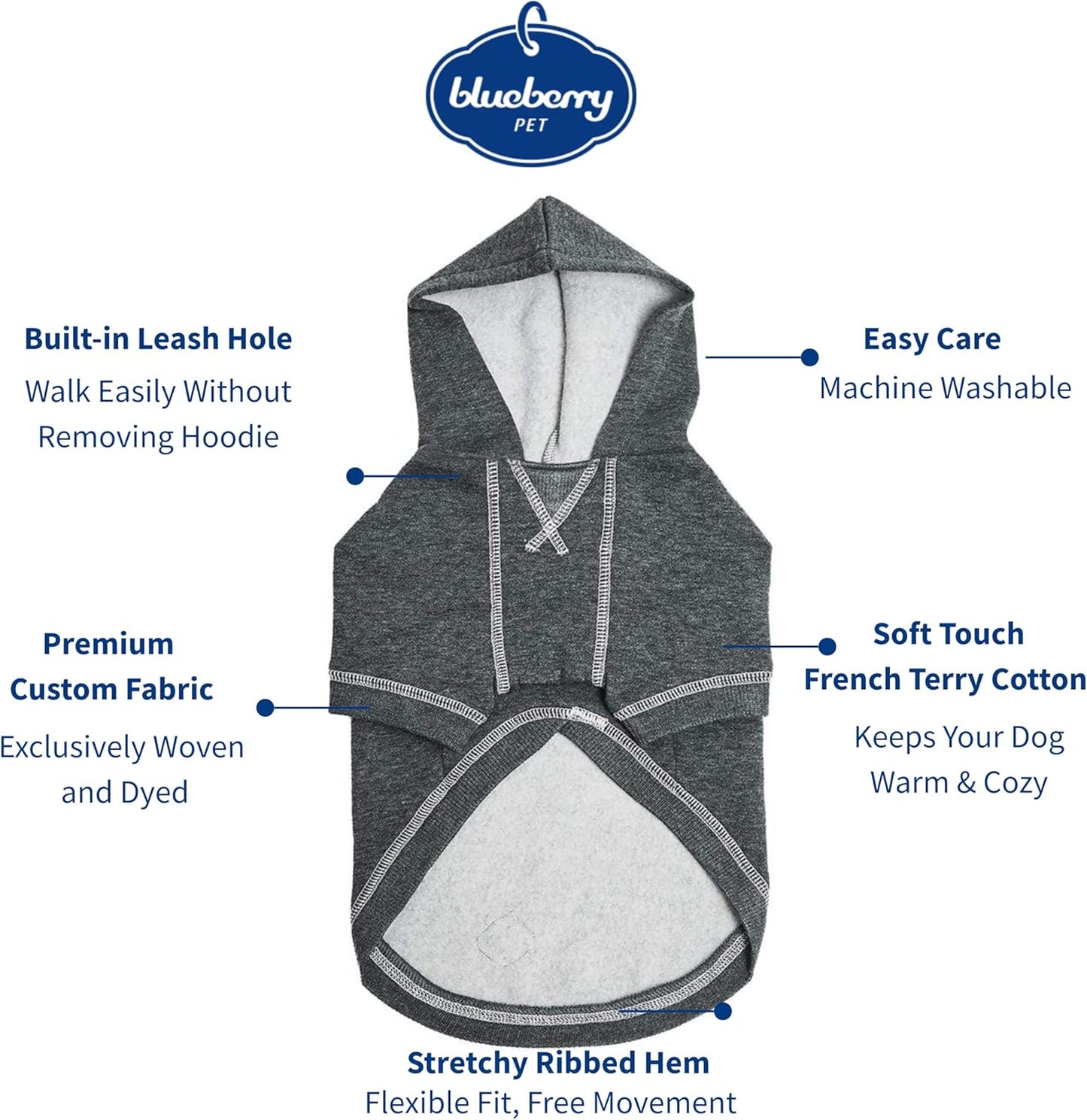 Blueberry Pet Essentials Dog Hoodie – 10 inch, Cotton‑Blend Sweatshirt with Hood, Charcoal Grey, Machine‑Washable Small‑Dog Jersey