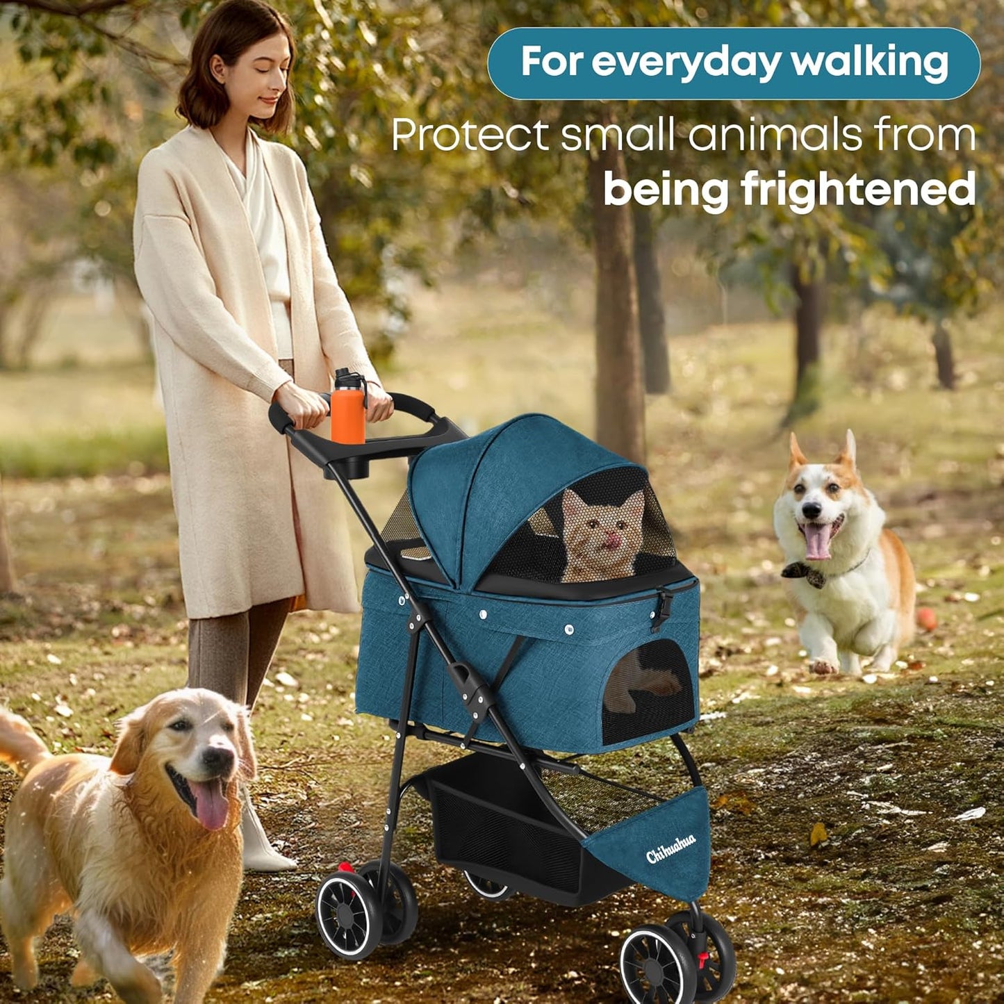 Pet Stroller,Dog Stroller for Small Medium Dogs Cats,3 Wheels,Foldable,with Breathable Mesh Canopy,Cup Holders,Easy Assembly,Green
