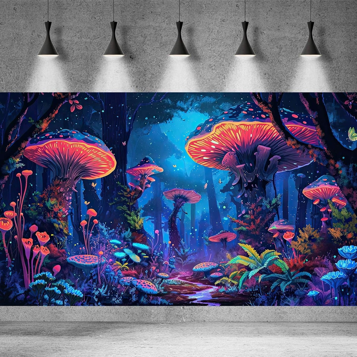 Mushrooms Aquarium Background Fantasy Bright Flowers Butterflies Fish Tank Backdrop Decoration Poster Trippy Wonderland Landscape with Giant Mystical Mushrooms Terrarium Background Decor 24x16in