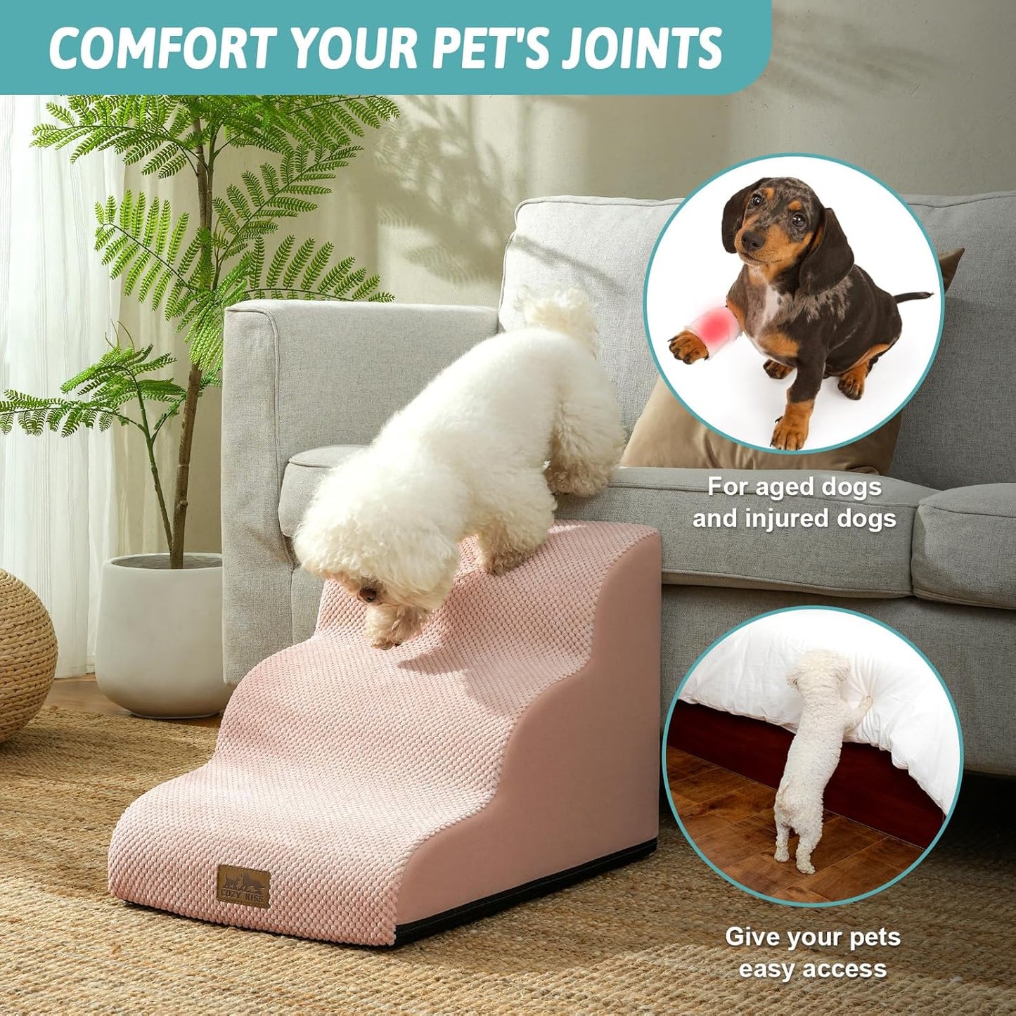 Dog Stairs for Small Dogs 15.7" H, Curved Dog Step for Puppy, Older Cat, Medium Pet Ramp for Sofa, Couch or Bed, Ladder with High Density Foam, 15.7x22.4x15.7 inch, 3 Step, Pink