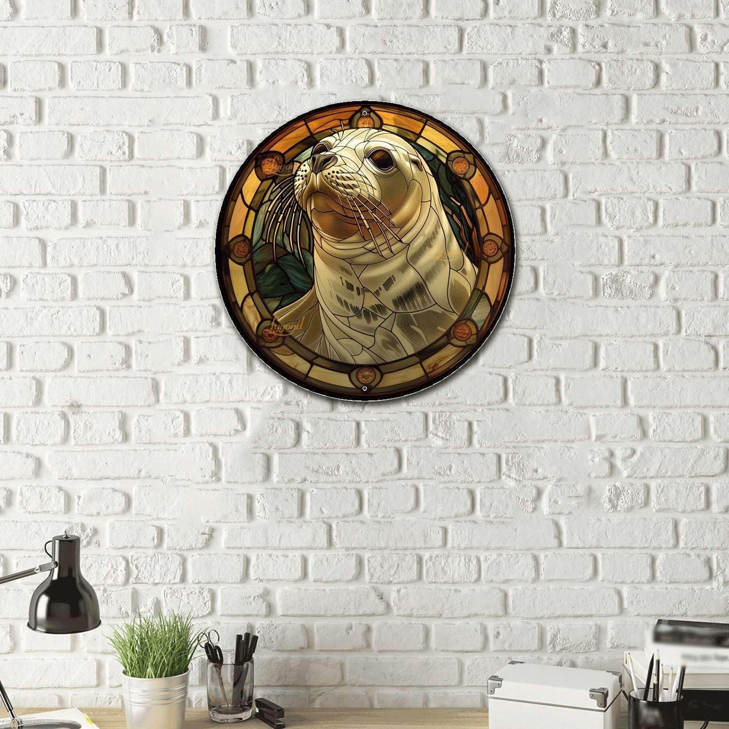 Lygond Metal Sign Tin Sign Circular Stained Glass Harbor Bathroom Signs Decor For Patio 12×12 Inches