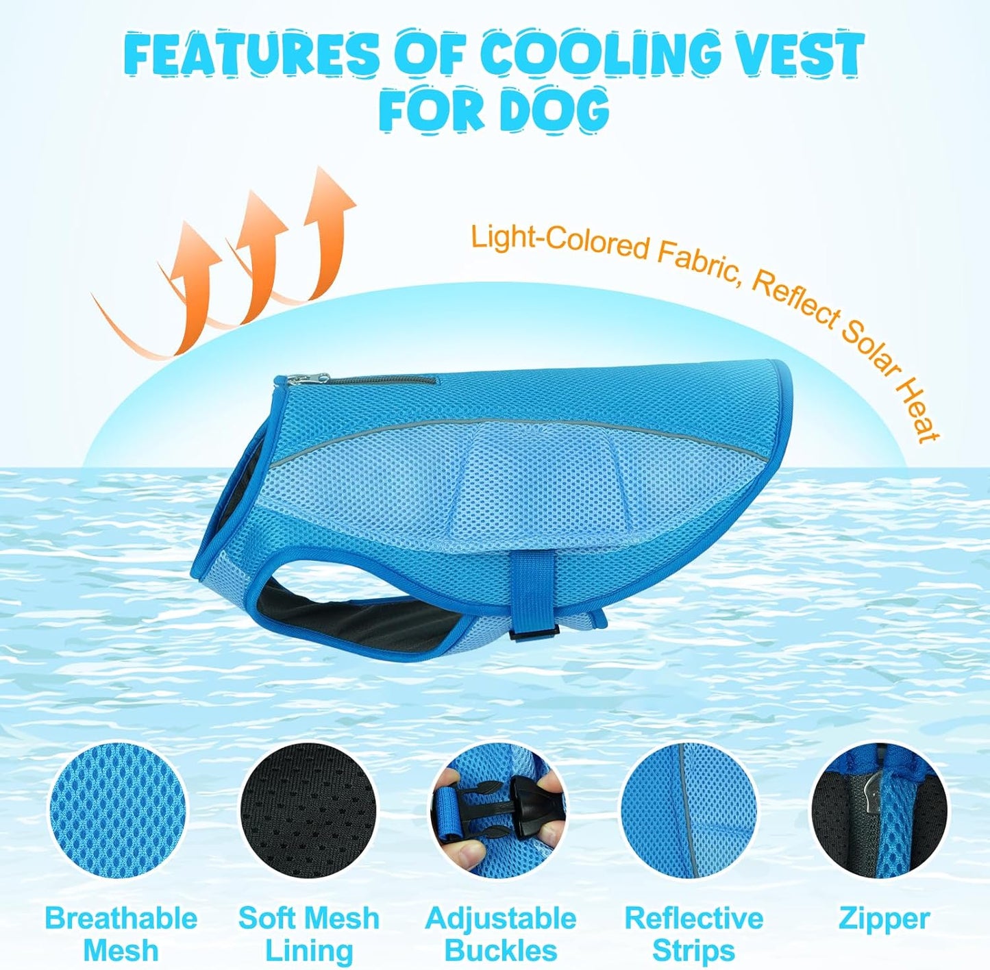 ROZKITCH Dog Cooling Vest, Dog Harness Cooler Jacket with Zipper Opening, Lightweight Evaporative Cooling Vests in Summer Hot Weather Outdoor Hiking Walking Camping Training Hunting Blue L