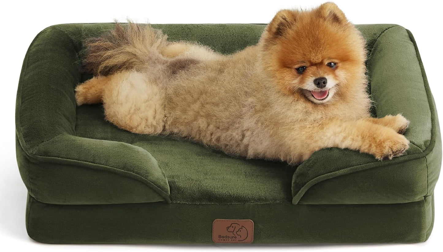 Bedsure Orthopedic Dog Beds for Small Dogs - Washable Small Dog Cat Bed Waterproof, Comfort Pet Couch Sofa with Washable Removable Cover, Pets Bed with Nonskid Bottom, Moss Green, 24"