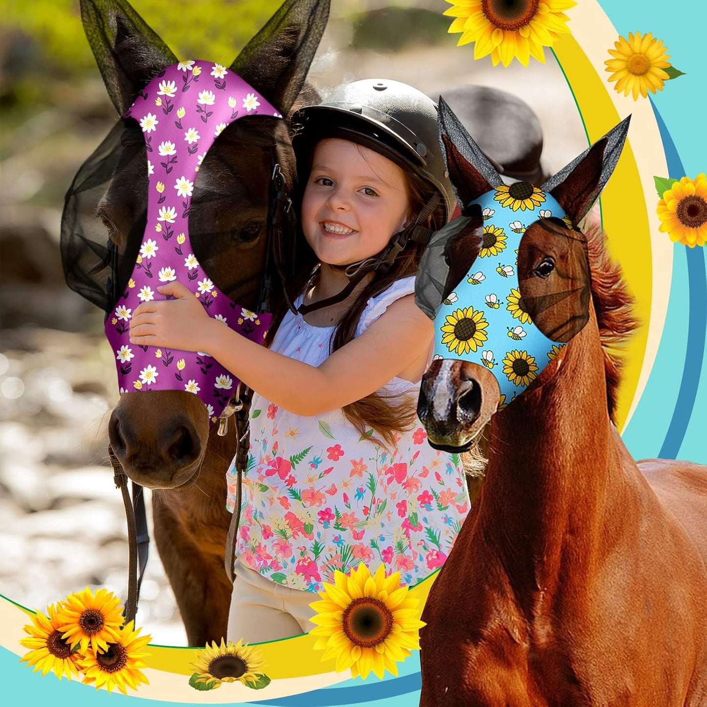 Chunful 6 Pcs Horse Fly Masks with Ears Smooth and Comfortable Cashel Mesh Fly Mask Elasticity Breathability UV Protection Horse Face Covering for Riding Supplies(Floral,Medium)