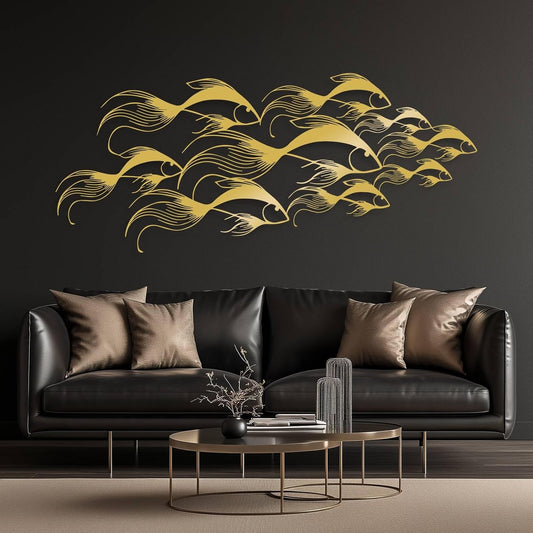 School of Fish Metal Wall Art, Metal Fish Wall Decor, Sea Life Wall Art, Large Nautical Wall Hanging, Modern Beach House Wall Decor, Ocean Themed Artwork for Bathroom (Gold, 30"x12" | 76x32cm)