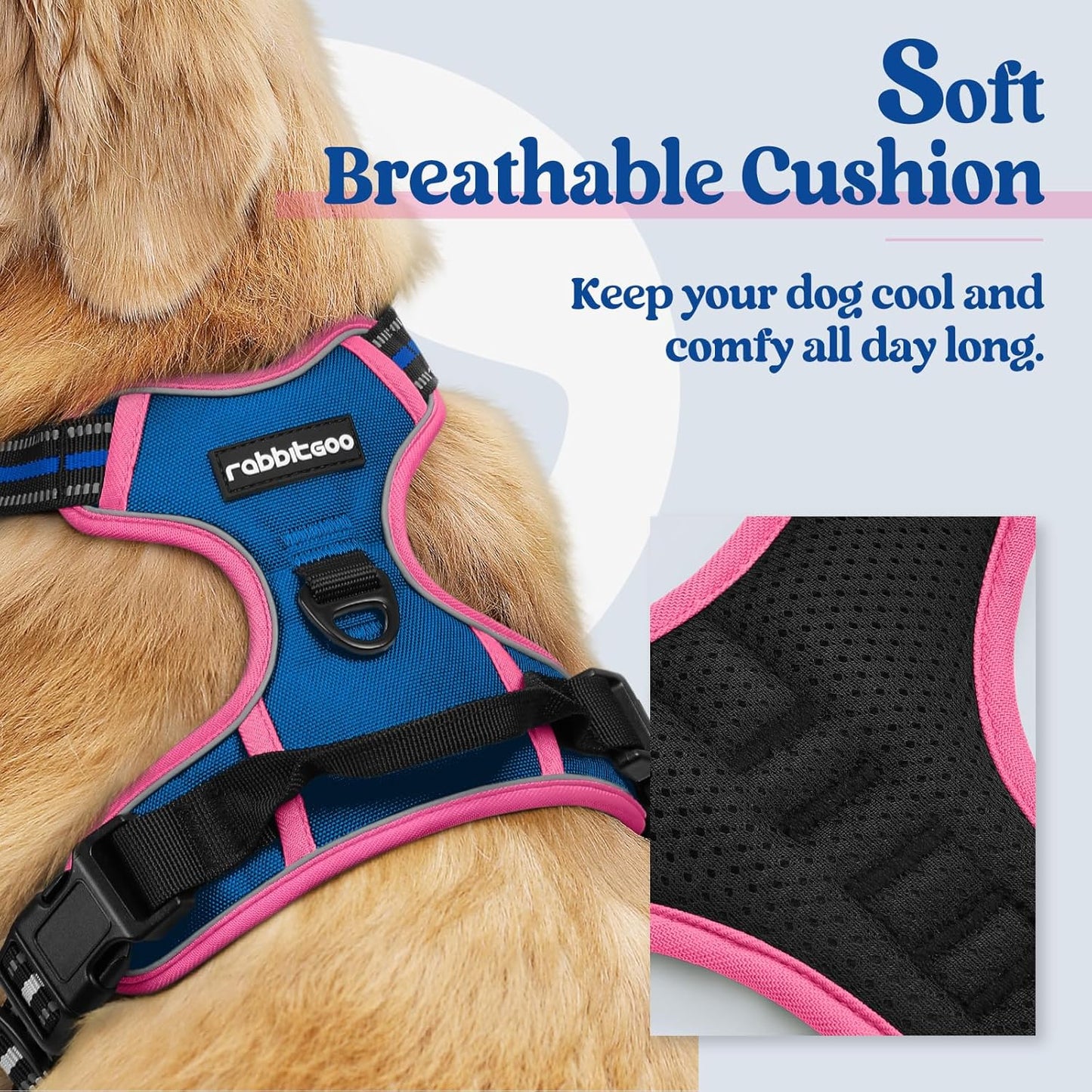 rabbitgoo Dog Harness No Pull with 2 Leash Clips, Adjustable Soft Padded, Reflective Oxford No Choke Pet Vest with Easy Control Handle for Large Dogs, Blue & Hot Pink, L