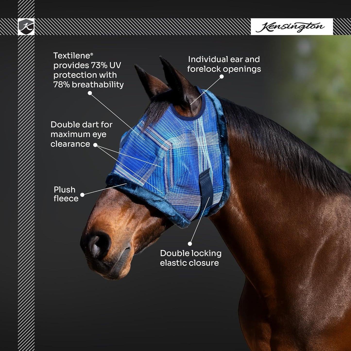 Kensington UV Fly Mask with Fleece Trim - Protective Mask with Dual Ear Opening & Forelock Freedom - Medium, Deluxe Black