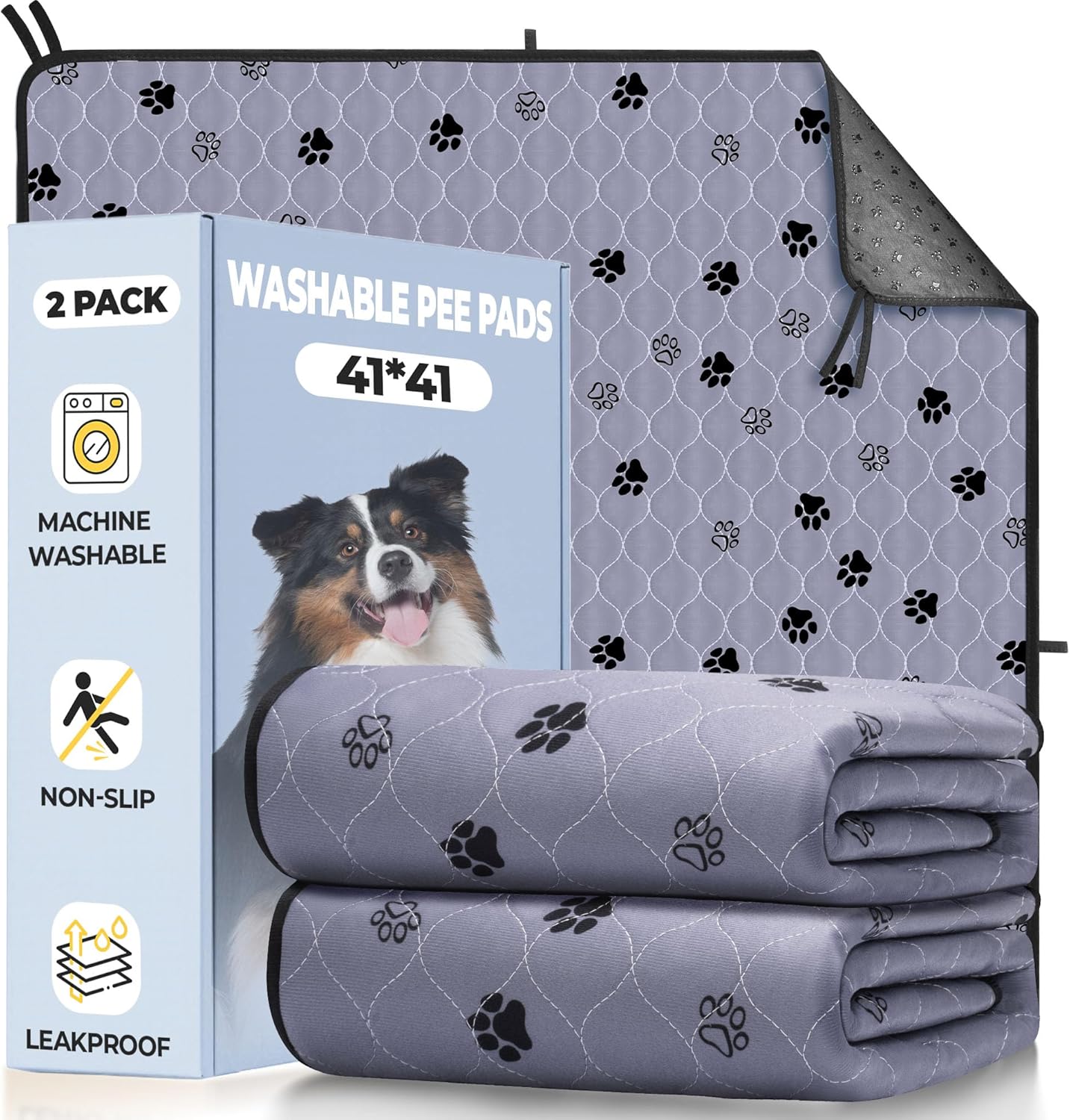 Fostanfly Washable Pee Pads for Dogs, 2 Pack 41"x41", Ultra-Absorbent Leakproof Non-Slip Reusable Potty Training Pads for Dogs, Cats & Puppies Potty
