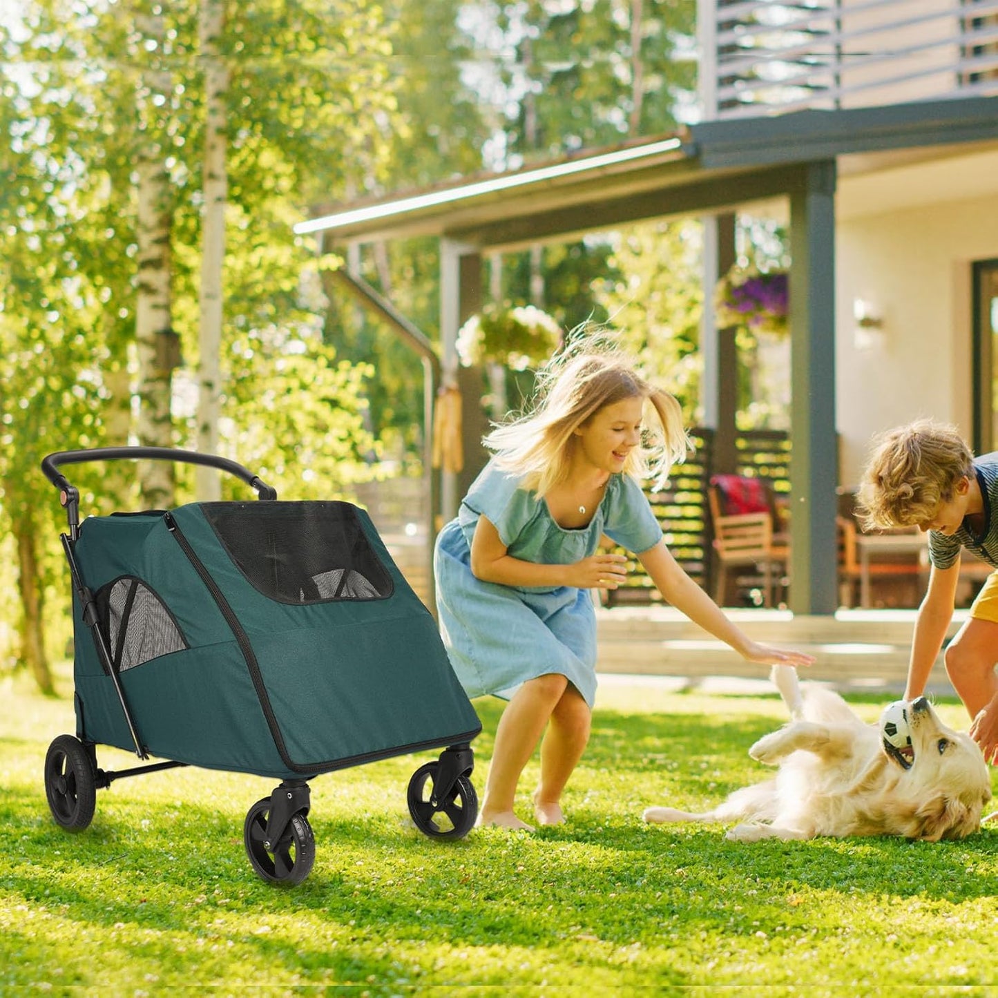 Large Dog Travel Stroller with 4 Heavy Duty Wheels Pet Stroller with Adjustable Handle - Double Doggie Capacity Jogger Wagon with Back Front Door for Small Medium Large Dogs (Dark Green-C)