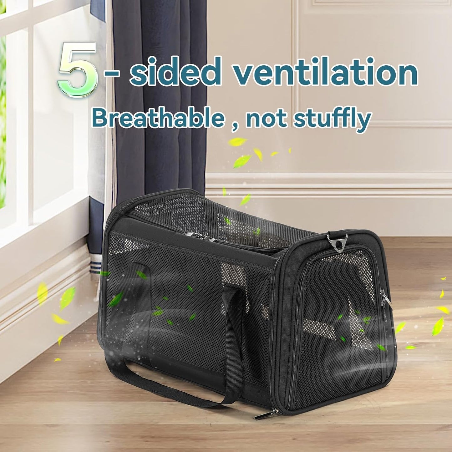 Petsfit Airline Approved Dog Carrier Cat Carrier, Soft-Sided Collapsible Pet Carrier for Travel, 3 Carrying Ways, Lightweight and Ventilation on 5 Sides, Escape Proof, with Soft Fleece Pad
