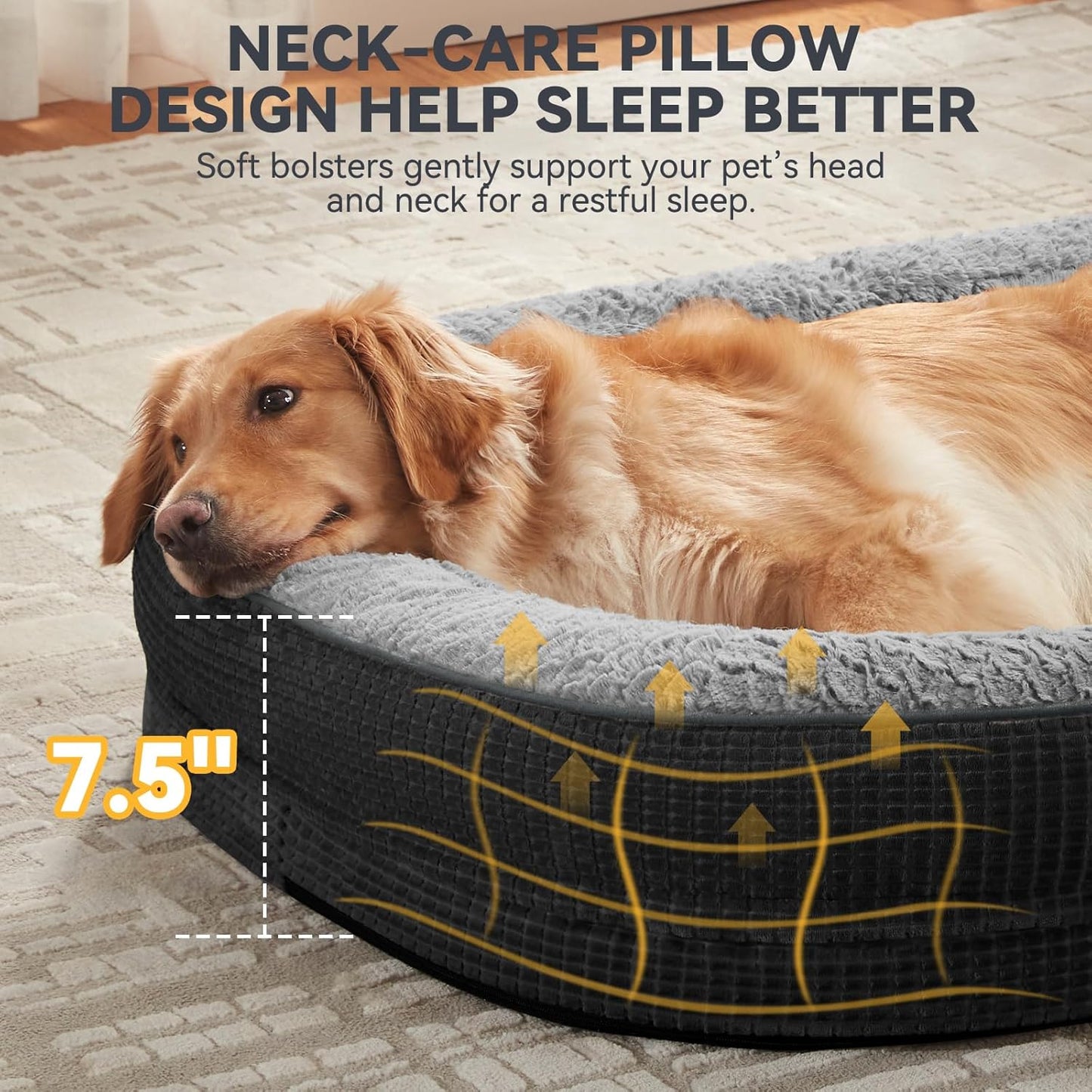 JOEJOY Orthopedic Dog Beds Large Sized Dog, Egg-Crate Memory Foam Pet Couch Bed with Bolster Sides, Waterproof Lining, Removable Washable Cover & Non-Slip Bottom, Black